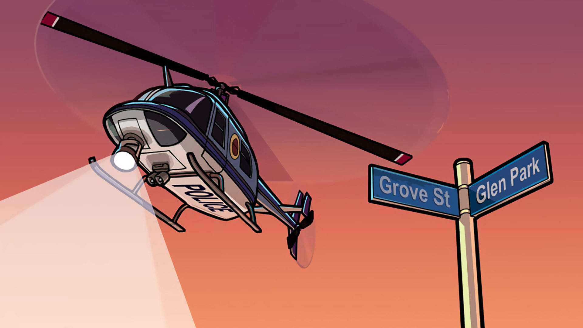 Helicopter 桌布 壁紙 — 一架卡通警察直升機在日落時分盤旋在路牌上空，投射出聚光燈光束。