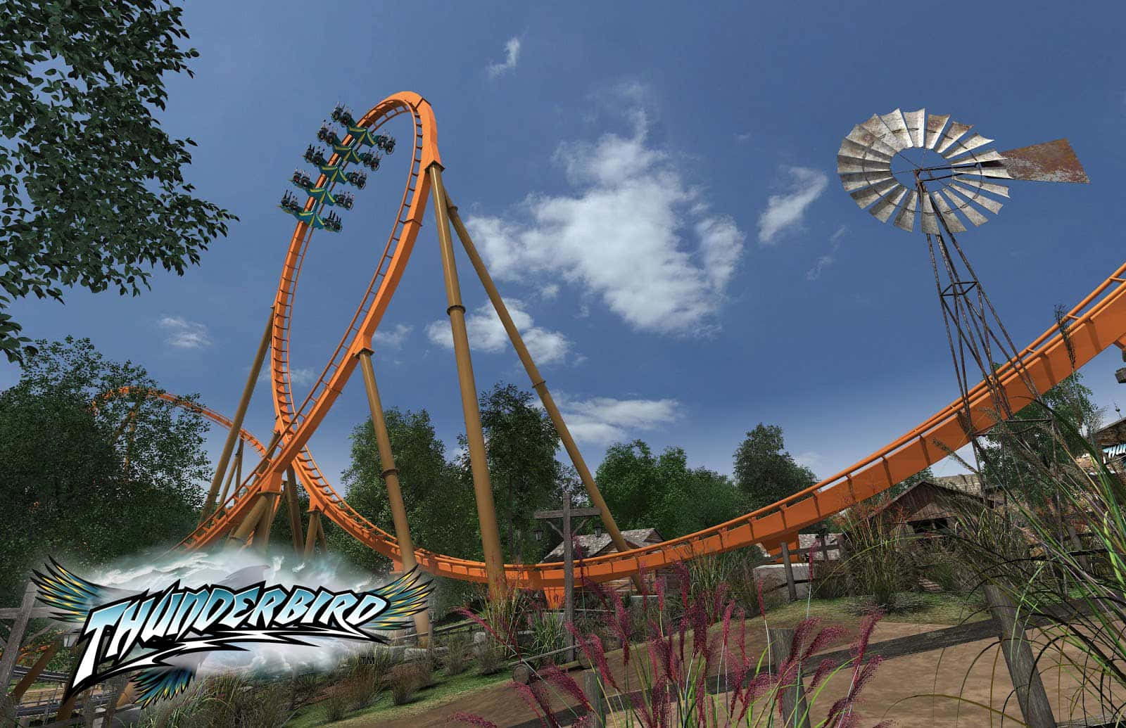 Roller Coaster 桌布 壁紙 — 一架名為 Thunderbird 的鮮橙色過山車在陽光明媚的天空中飛馳，附近有一座質樸的風車。