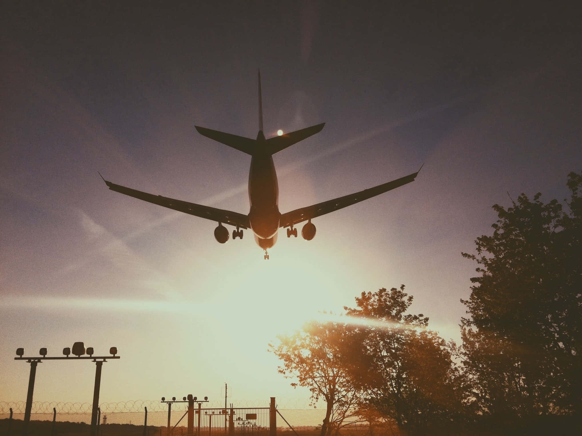 Flight 桌布 壁紙 — 一架商用飛機在燦爛的夕陽映襯下，呈現剪影，正下降至機場跑道。