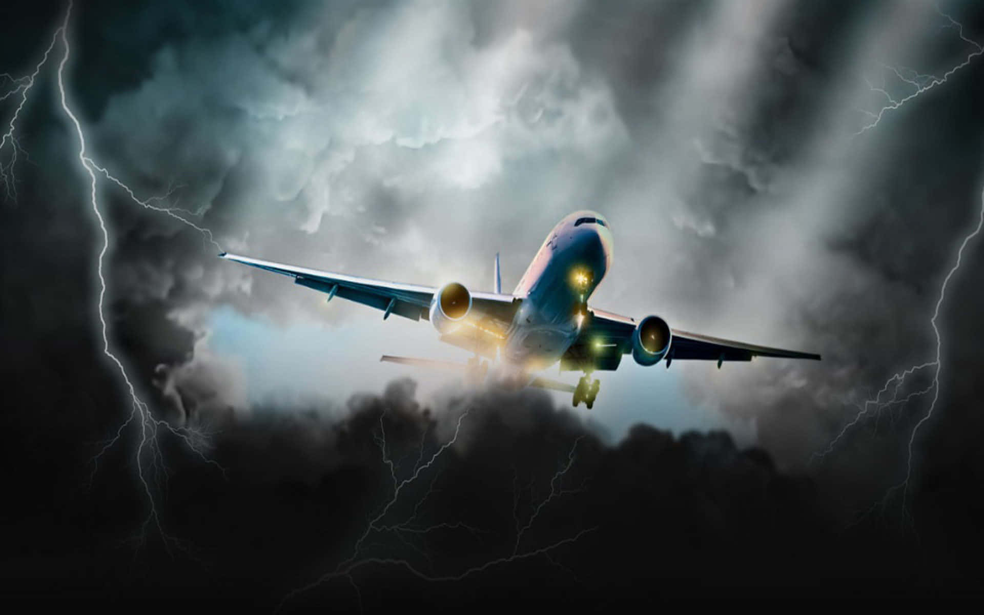 Dark Storm 桌布 壁紙 — 一架商用飛機在閃電交加的暴風雨中飛行。