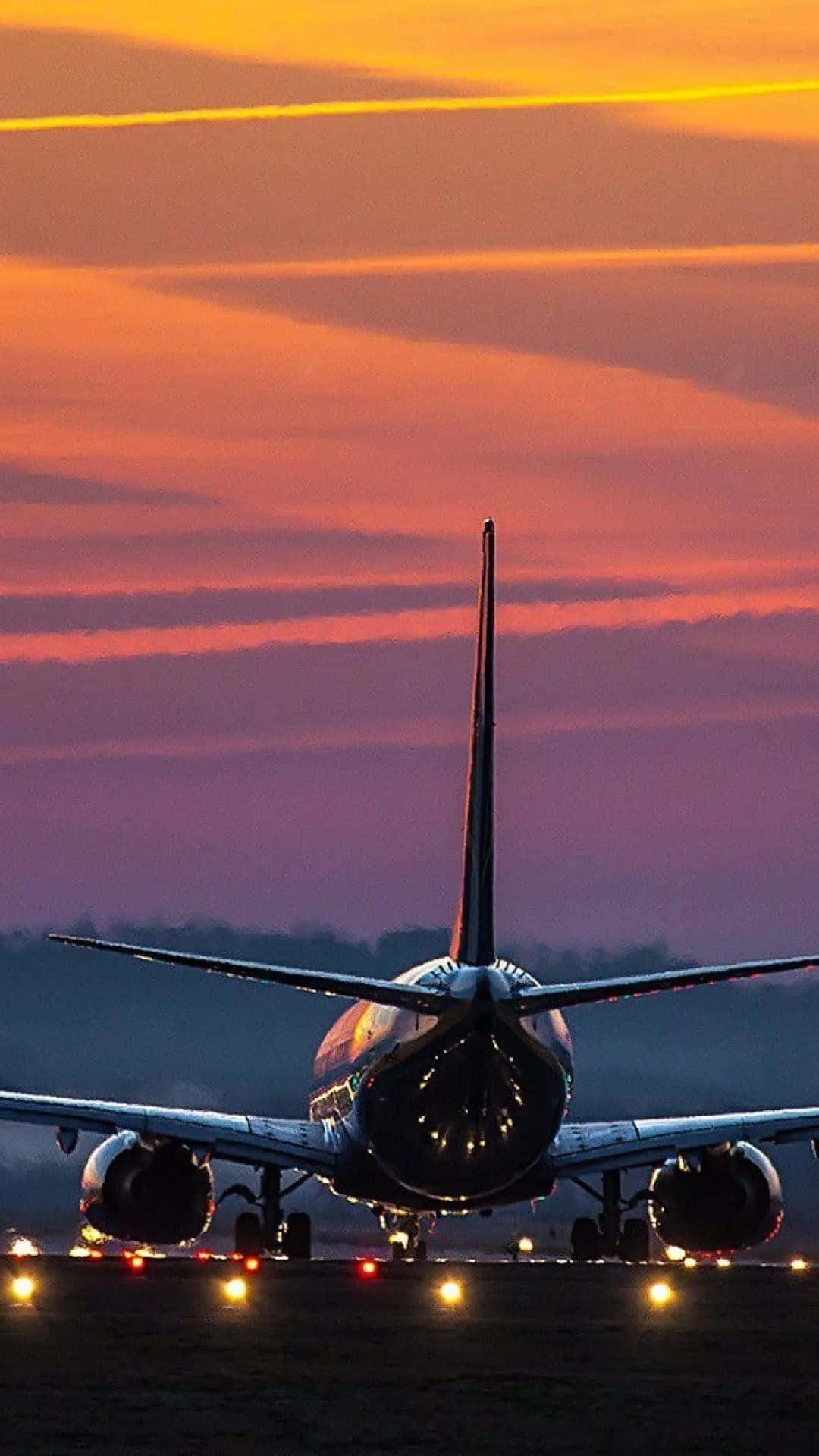 Aviation 桌布 壁紙 — 一架商用飛機在黃昏時停在跑道上，上方有火橙色和紫色的雲彩。