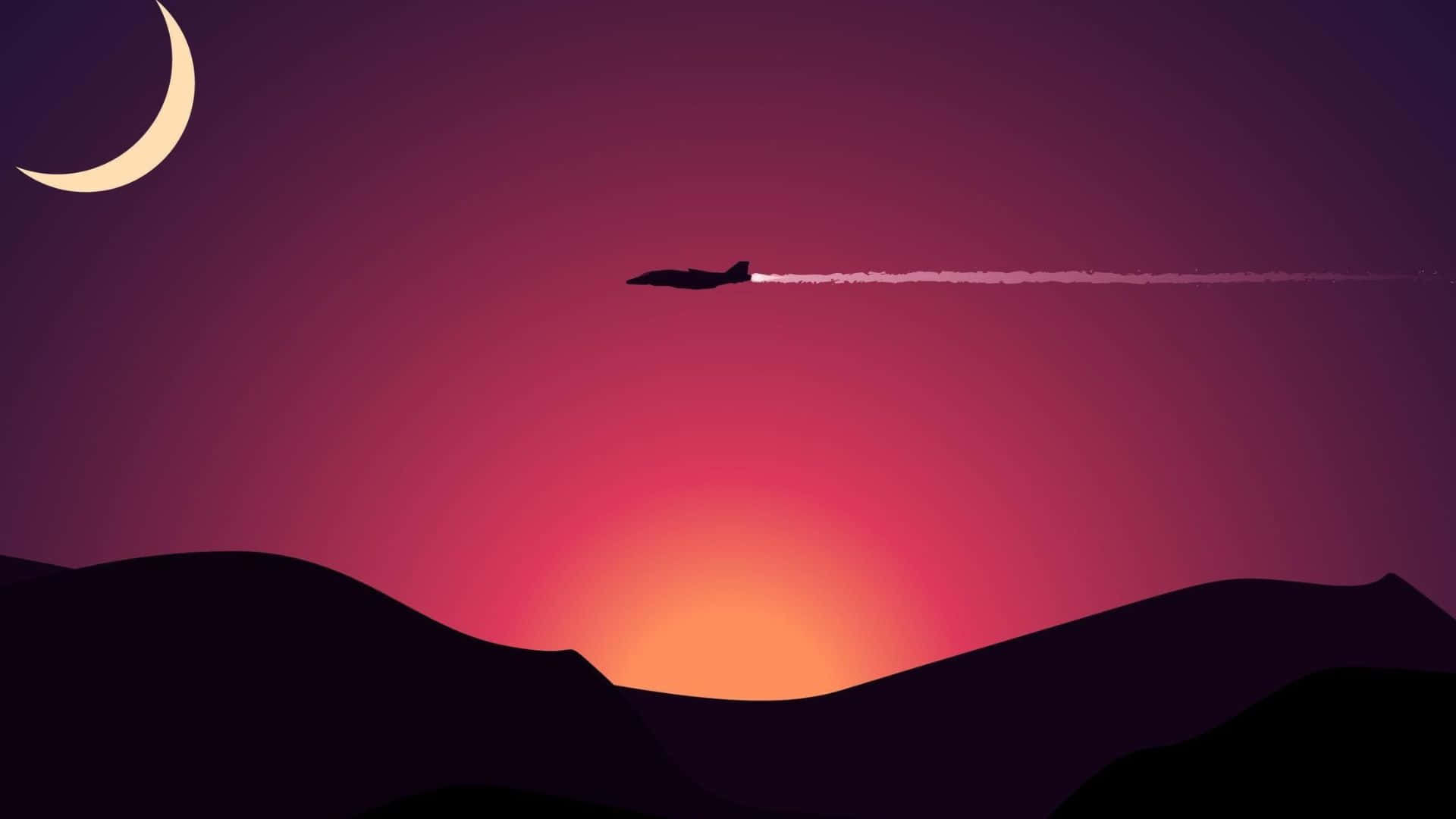 Minimalist Sunset 桌布 壁紙 — 一架噴射機在充滿活力的紫色和橙色日落天空中留下一道發光的痕跡，新月懸掛在剪影般的山丘之上。
