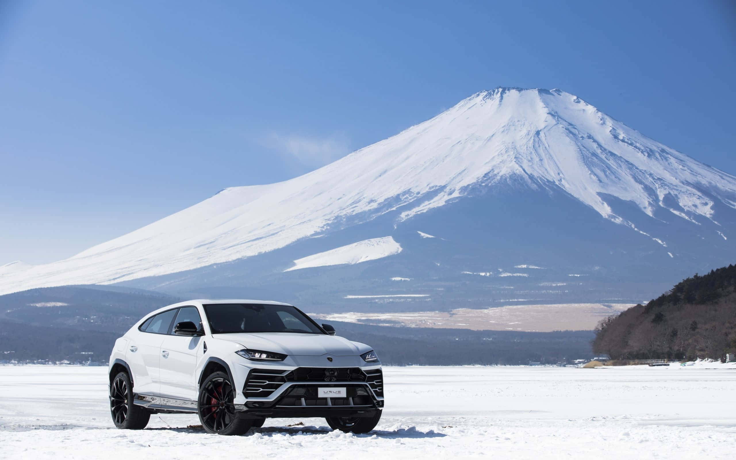 Lamborghini Urus 桌布 壁紙 — 一架型格白色林寶堅尼Urus停泊在冰凍的湖面上，背後有白雪覆蓋的富士山在晴朗藍天下巍然聳立。