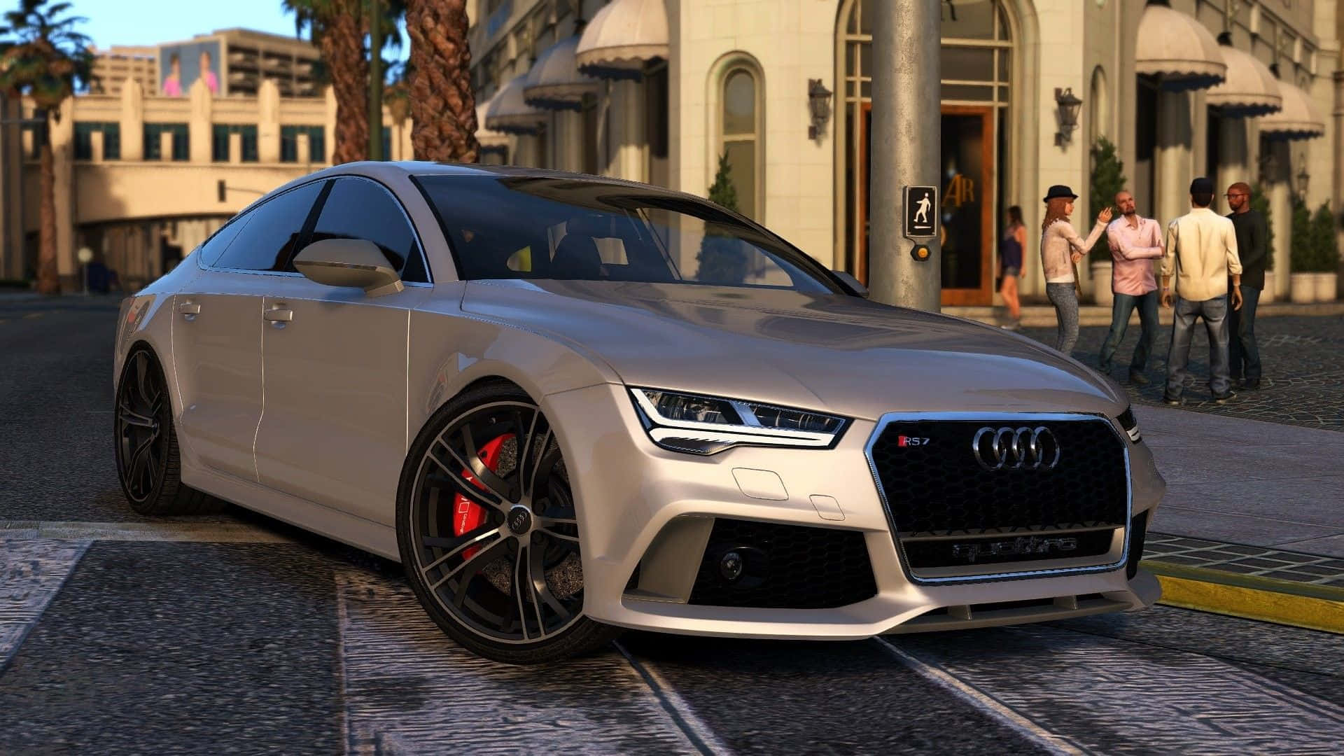 Audi S7 桌布 壁紙 — 一架型格銀色奧迪RS7跑車停泊在陽光明媚的城市街道上，附近有棕櫚樹和行人。