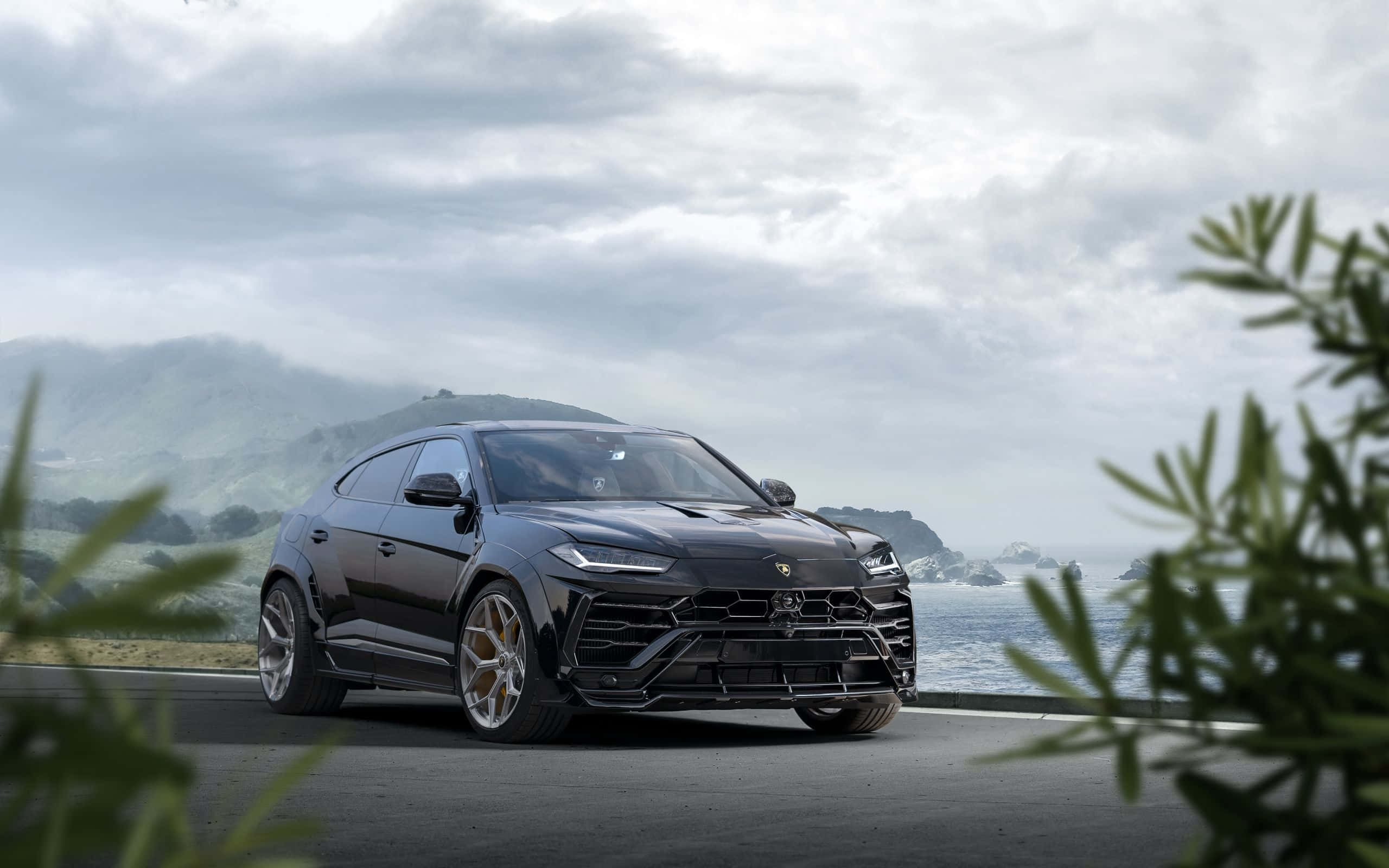 Lamborghini Urus 桌布 壁紙 — 一架型格黑色林寶堅尼 Urus SUV 停泊在海濱公路上，背景是煙霧繚繞的山巒和海洋，並由綠色樹葉框住。
