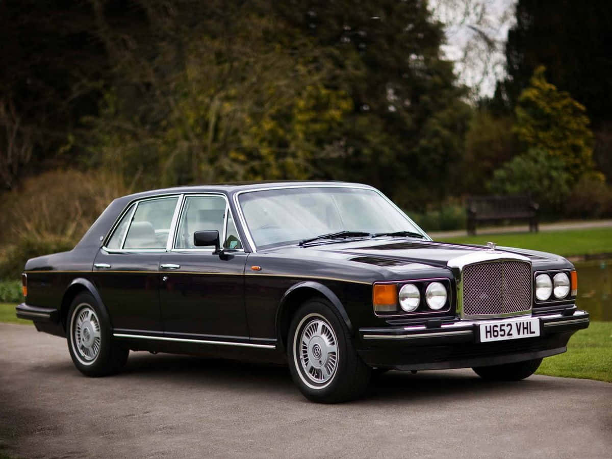 Bentley Eight 桌布 壁紙 — 一架型格黑色賓利房車停泊在鋪砌的車道上，背景有茂密的綠樹和長椅。