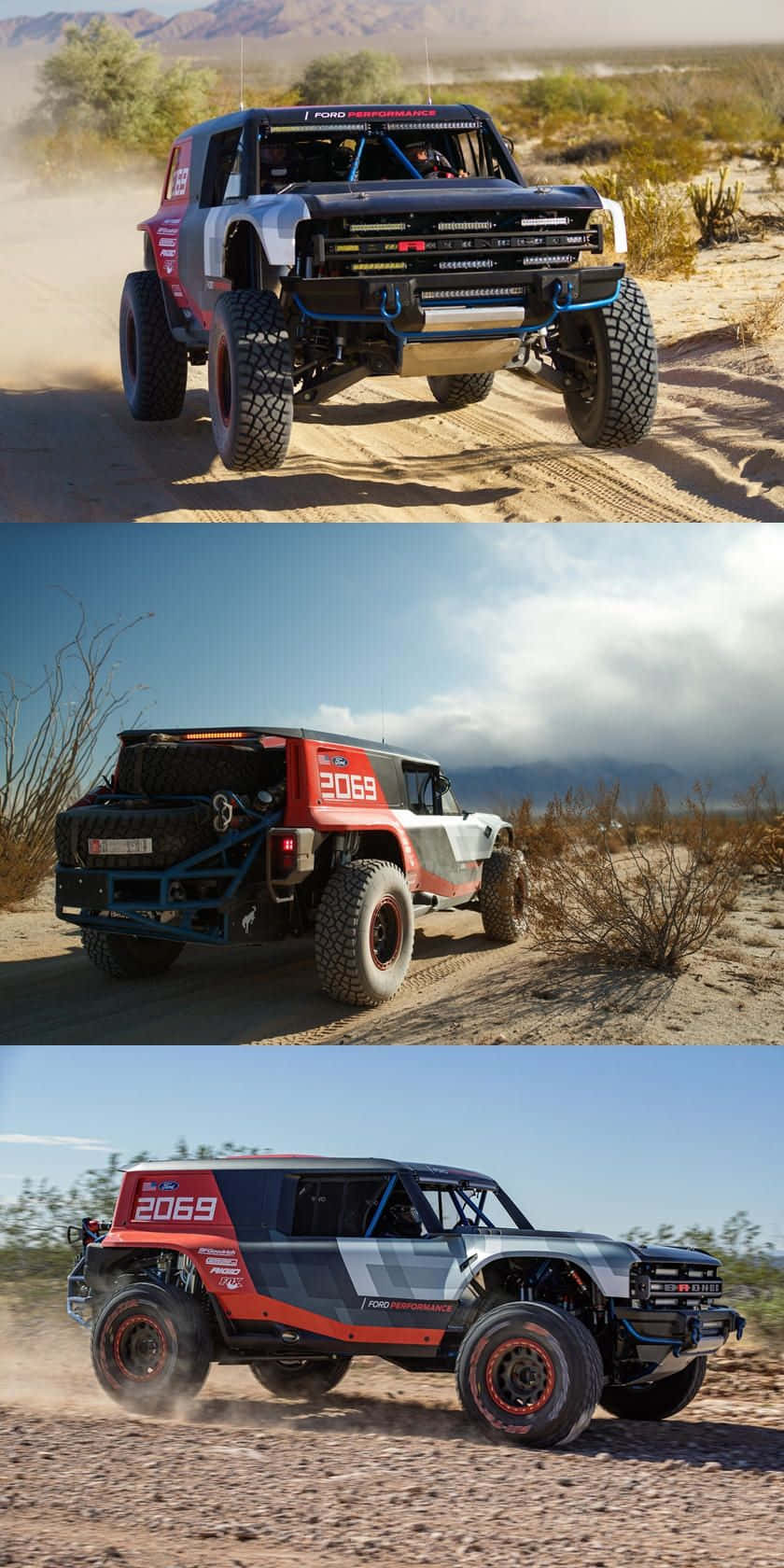 Off-road Car 桌布 壁紙 — 一架堅固的福特 Bronco 賽車卡車在陽光明媚的沙漠小徑上疾馳，揚起塵土，遠山在望。