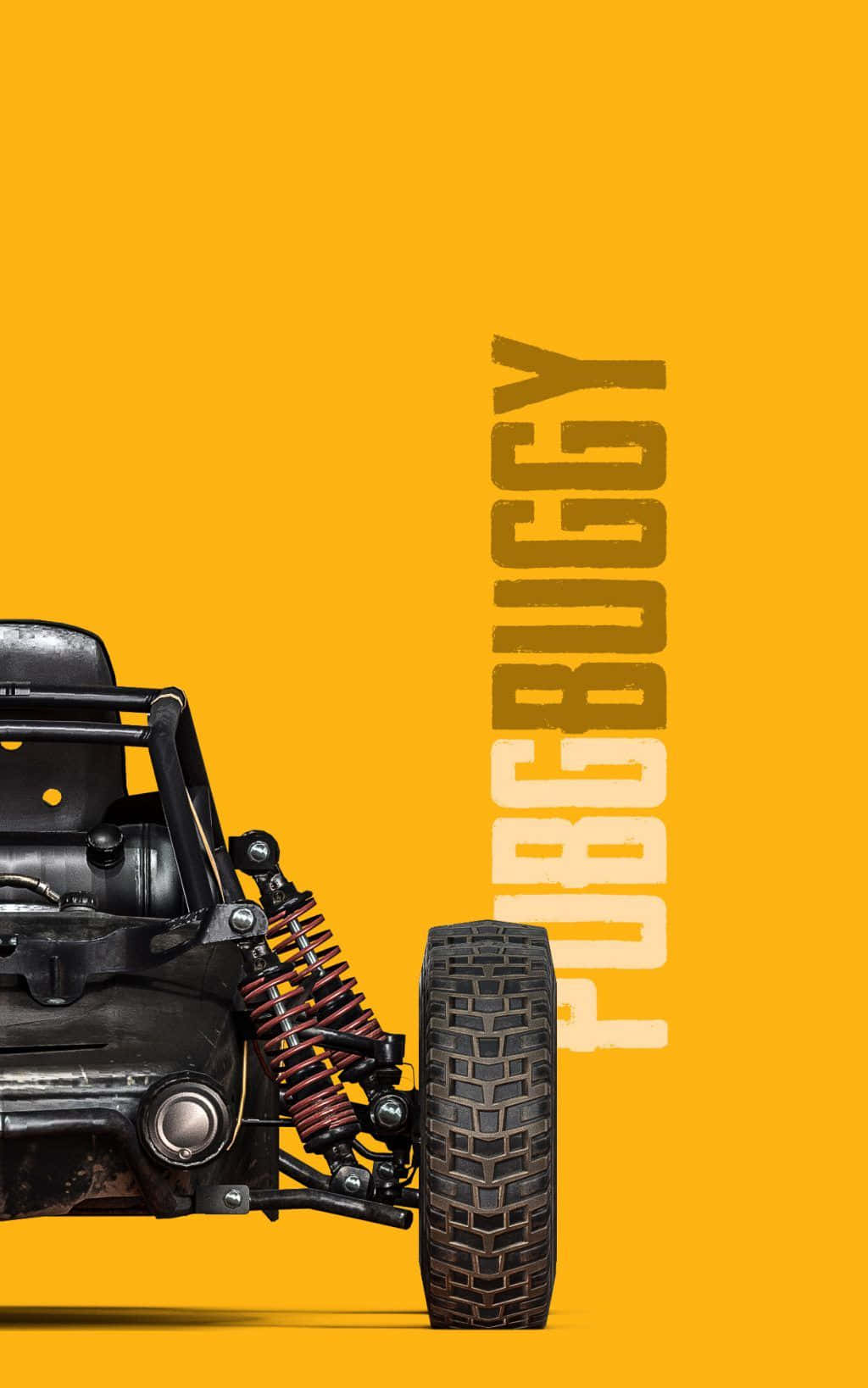 Pubg Logo 桌布 壁紙 — 一架堅固的黑色越野車帶有紅色螺旋彈簧，立在帶有 'PUBG BUGGY' 文字的醒目黃色背景前。