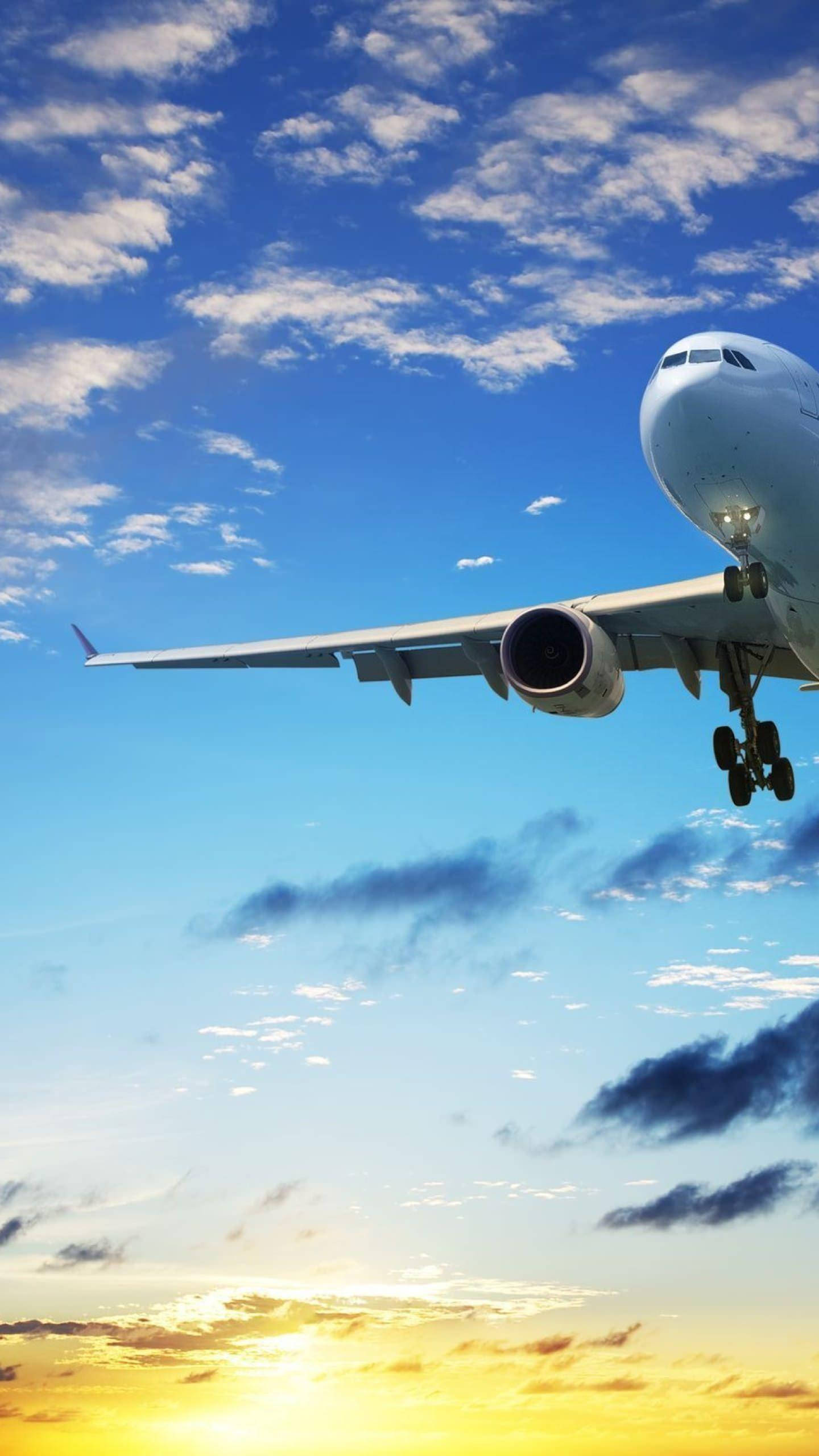 飛機 桌布 壁紙 — 一架大型白色飛機在佈滿金色日落雲彩的鮮豔藍天下下降。