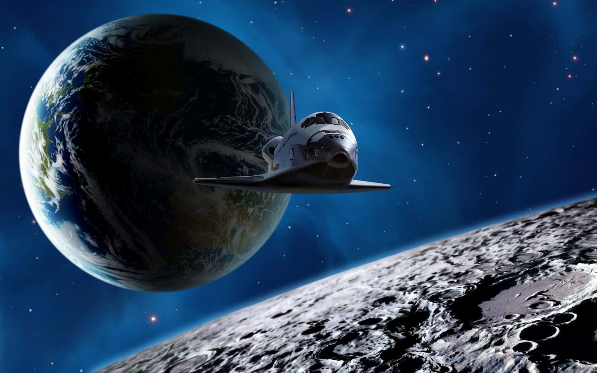 Space Exploration 桌布 壁紙 — 一架太空穿梭機在繁星點點的宇宙背景下飛行於地球和月球之間。