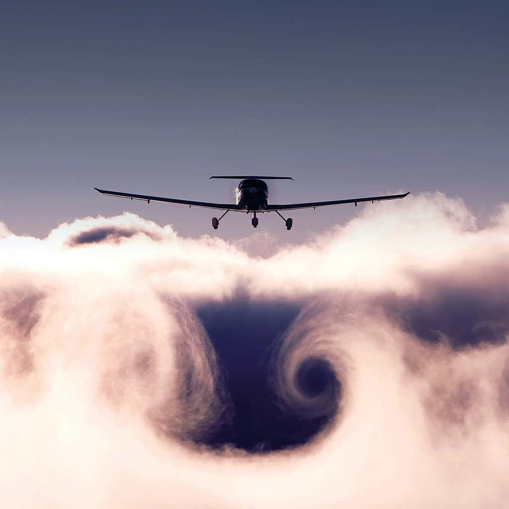 Aviation 桌布 壁紙 — 一架小型飛機在暮色天空的映襯下，飛過旋轉的雲層，下方有一個戲劇性的漩渦。