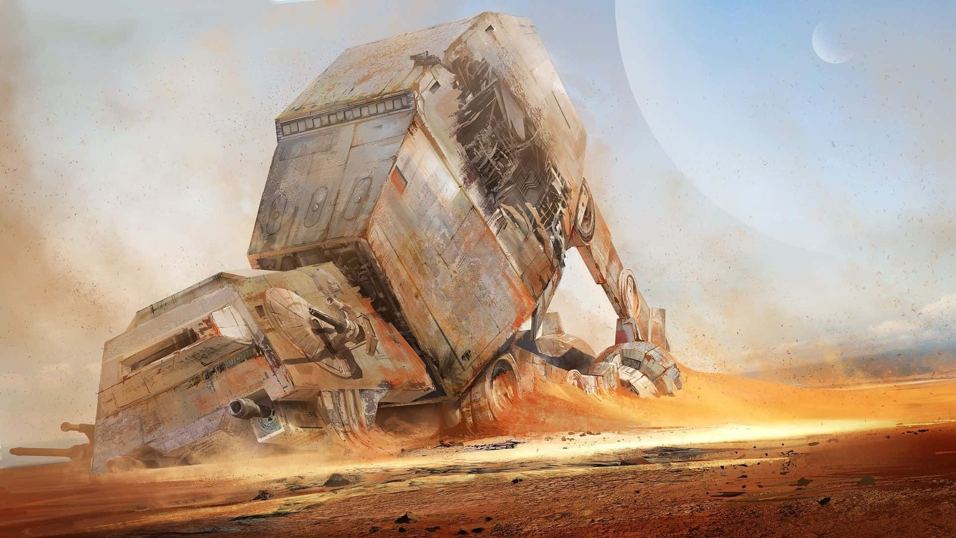 Cool Star Wars 桌布 壁紙 — 一架巨大、在戰鬥中受損的AT-AT步行機在塵土飛揚的沙漠中倒下，天空呈現暮色，掛著一彎新月。