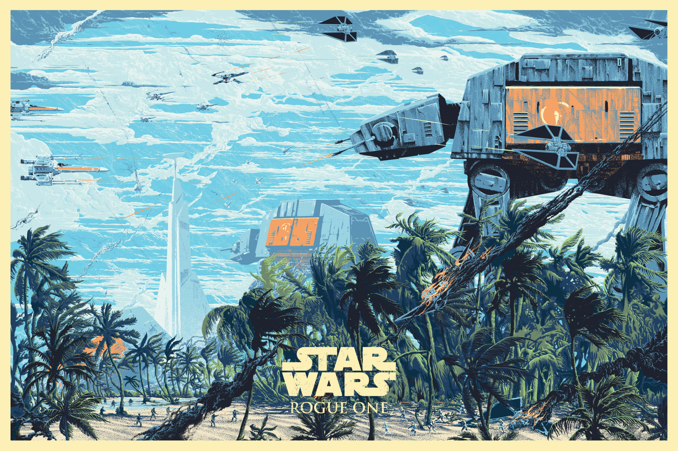 The Battle Of Scarif 桌布 壁紙 — 一架巨大的AT-AT步行機主宰著熱帶叢林海灘，星際戰機在頭頂飛過，這是《星球大戰：俠盜一號》的場景。