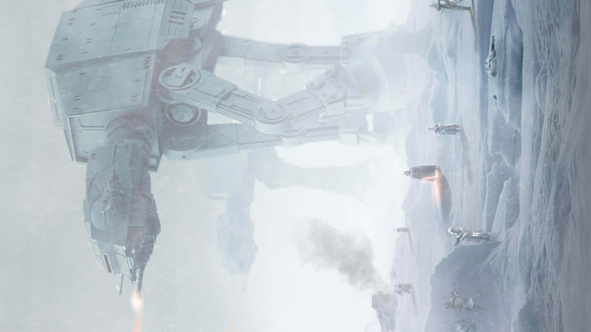Hoth 桌布 壁紙 — 一架巨大的AT-AT步行機在暴風雪中前行，而小小的雪地士兵從下方發射爆能槍。
