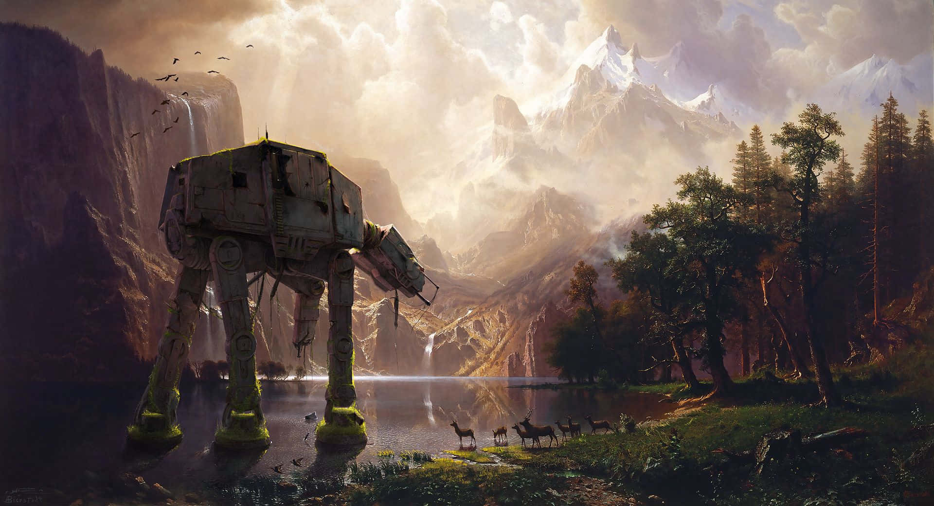 At-at 桌布 壁紙 — 一架巨大的AT-AT步行者站在寧靜的山間湖泊中，鹿群在附近吃草，金色夕陽映照天空。