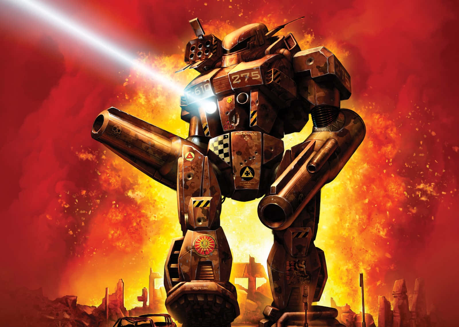 Battletech 桌布 壁紙 — 一架巨大的戰鬥機甲向著廢墟城市上空熾熱的橙紅色天空發射明亮的光束。