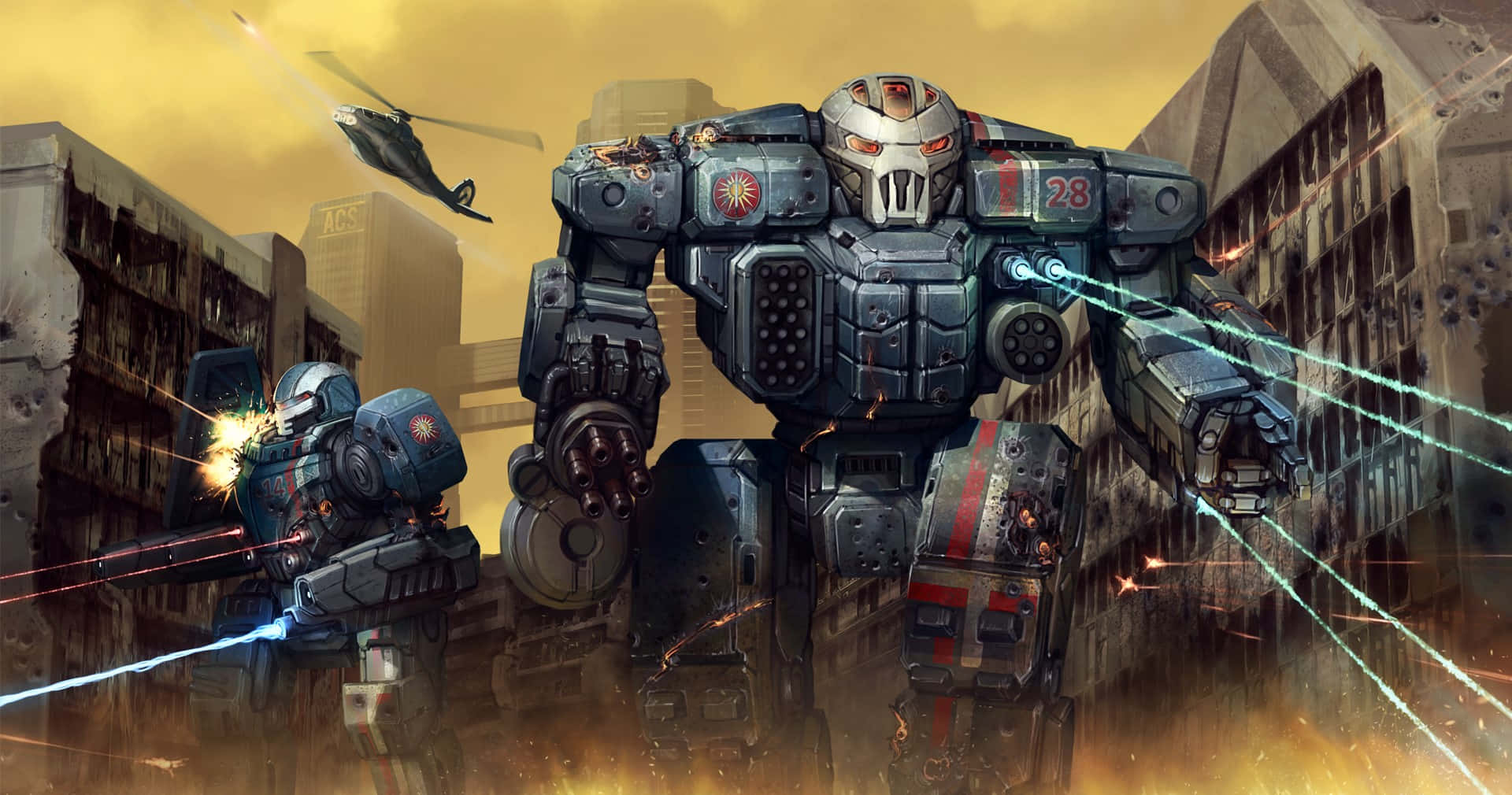 Battletech 桌布 壁紙 — 一架巨大的戰鬥機甲穿過廢墟城市景觀發射發光的激光，而較小的機甲和一架直升機在朦朧的橙色天空下進行戰鬥。