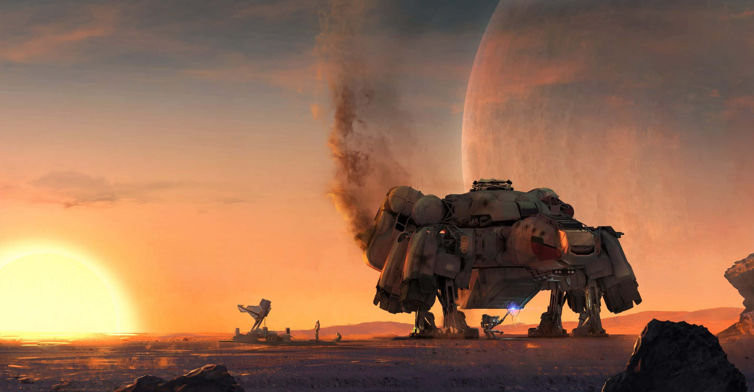 星空動態圖 桌布 壁紙 — 一架巨大的裝甲步行機站在荒蕪的外星行星上，夕陽西下，一輪巨大的月亮懸掛在頭頂。