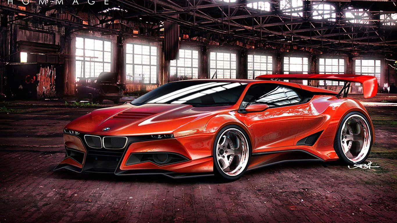 Car Design 桌布 壁紙 — 一架帶有大型尾翼的火焰橙色BMW概念車，戲劇性地停放在一個陽光普照的廢棄工業倉庫中。