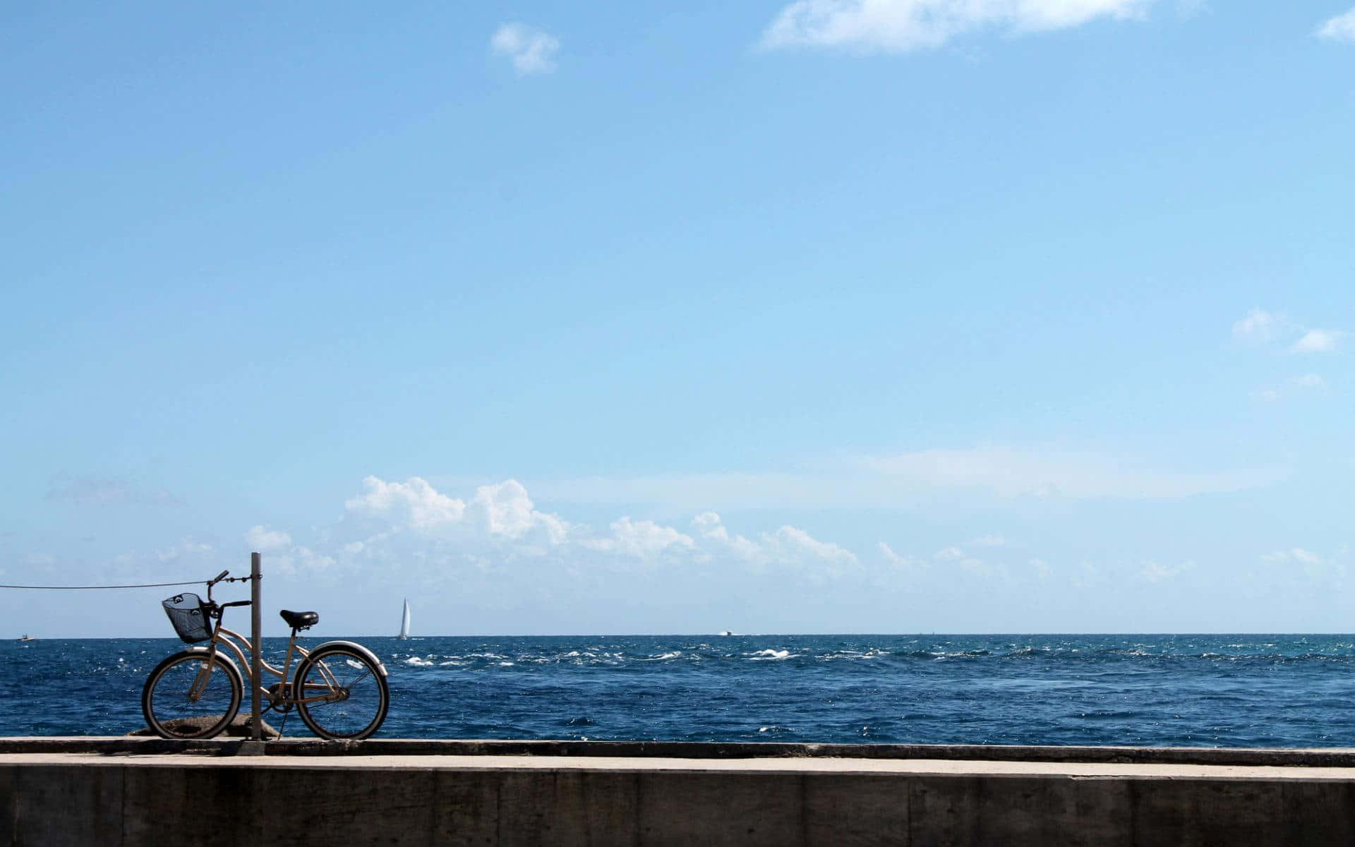 Beach Cruiser 桌布 壁紙 — 一架帶有籃子的單車孤獨地靠在海邊長廊的柱子上，俯瞰著晴朗天空下廣闊的藍色海洋。