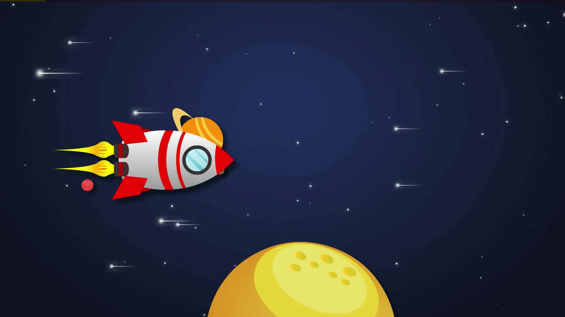 Animated Space 桌布 壁紙 — 一架帶有紅色條紋和黃色火焰的卡通火箭，在繁星點點的夜空背景下飛過一顆黃色行星。