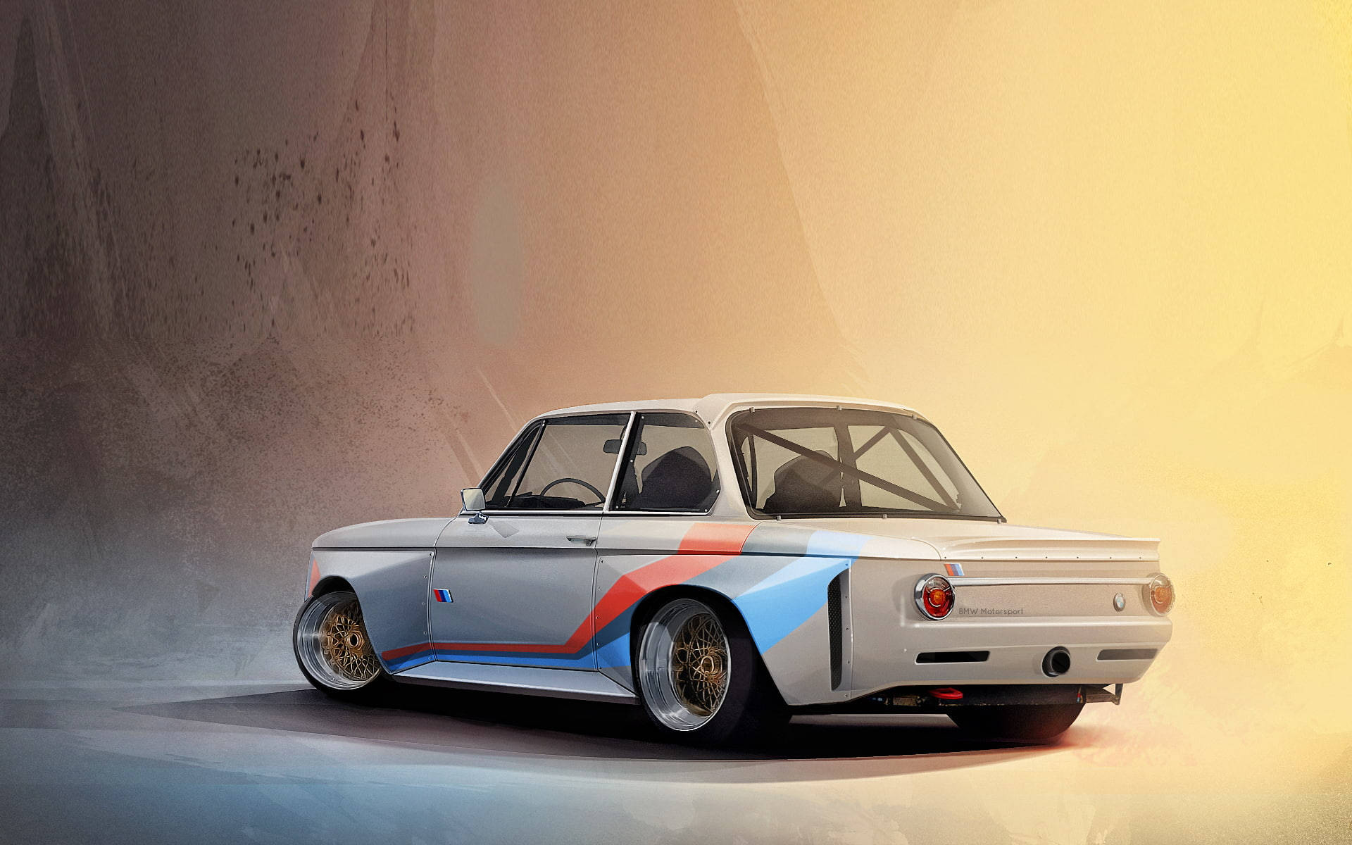 3D BMW 2002tii 壁紙 — 一架帶有藍色和紅色條紋的時尚銀色寶馬賽車，在塵土飛揚的隧道中沐浴著溫暖的金色光芒。