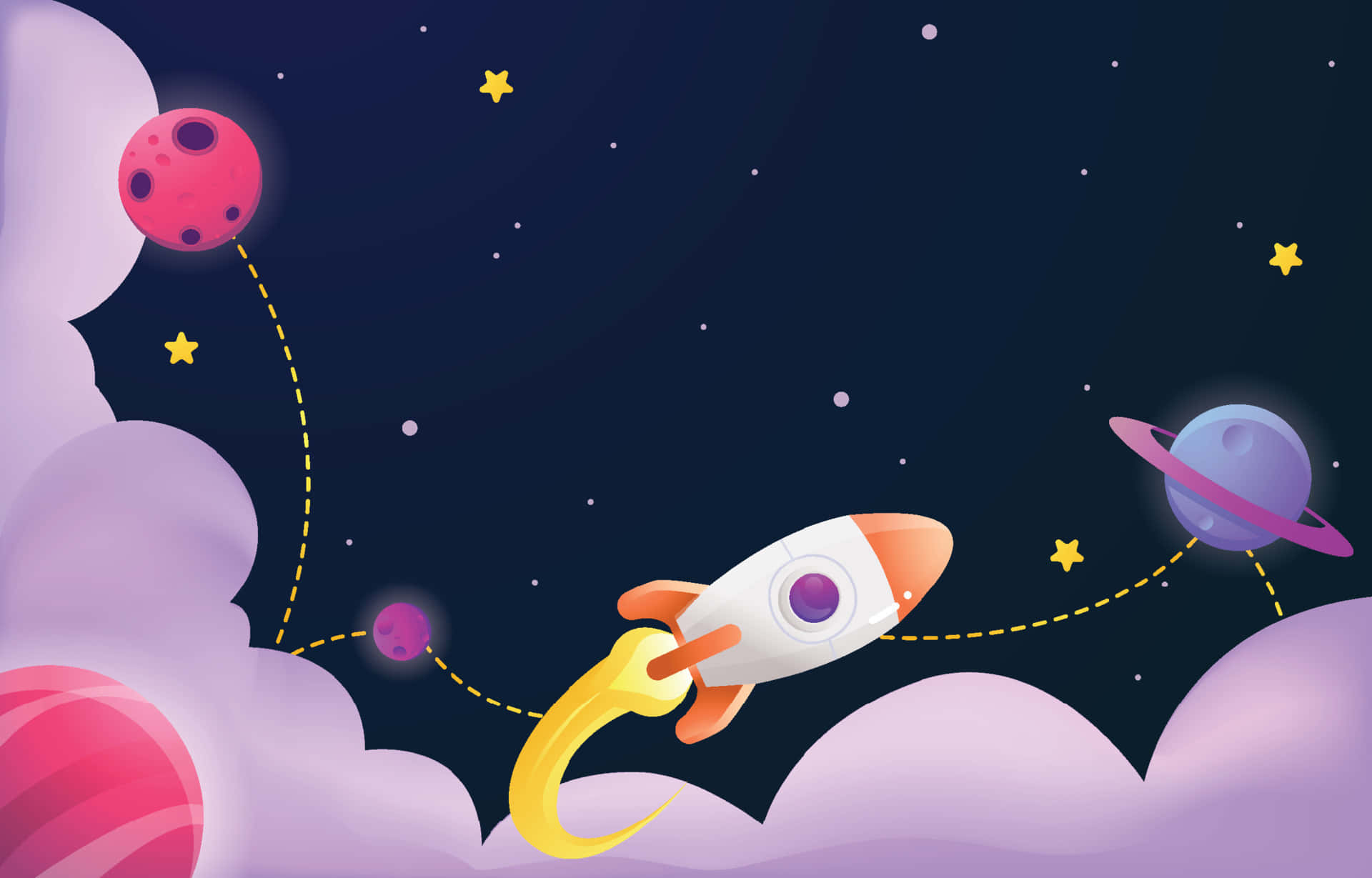 Cartoon Space 桌布 壁紙 — 一架帶有黃色軌跡的卡通火箭在繁星點點的夜空中飛過色彩繽紛的行星和紫色雲層。