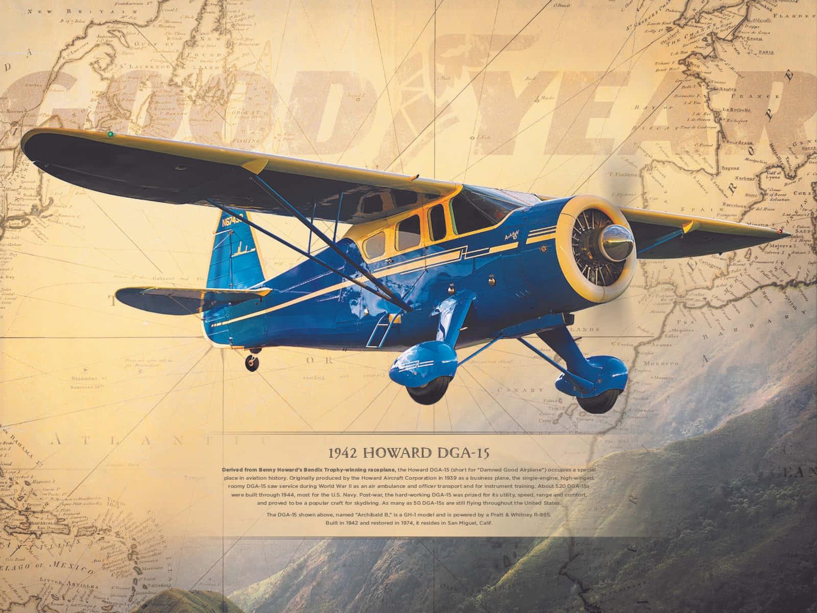 Aviation 桌布 壁紙 — 一架復古藍黃色1942年Howard DGA-15雙翼飛機在下方山區地形的懷舊褐色地圖上空翱翔。