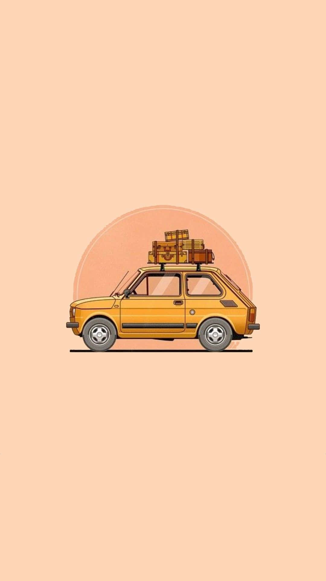 Minimalist Car 桌布 壁紙 — 一架復古黃色汽車，車頂行李架上裝滿行李，在柔和蜜桃色日落背景下準備好冒險。