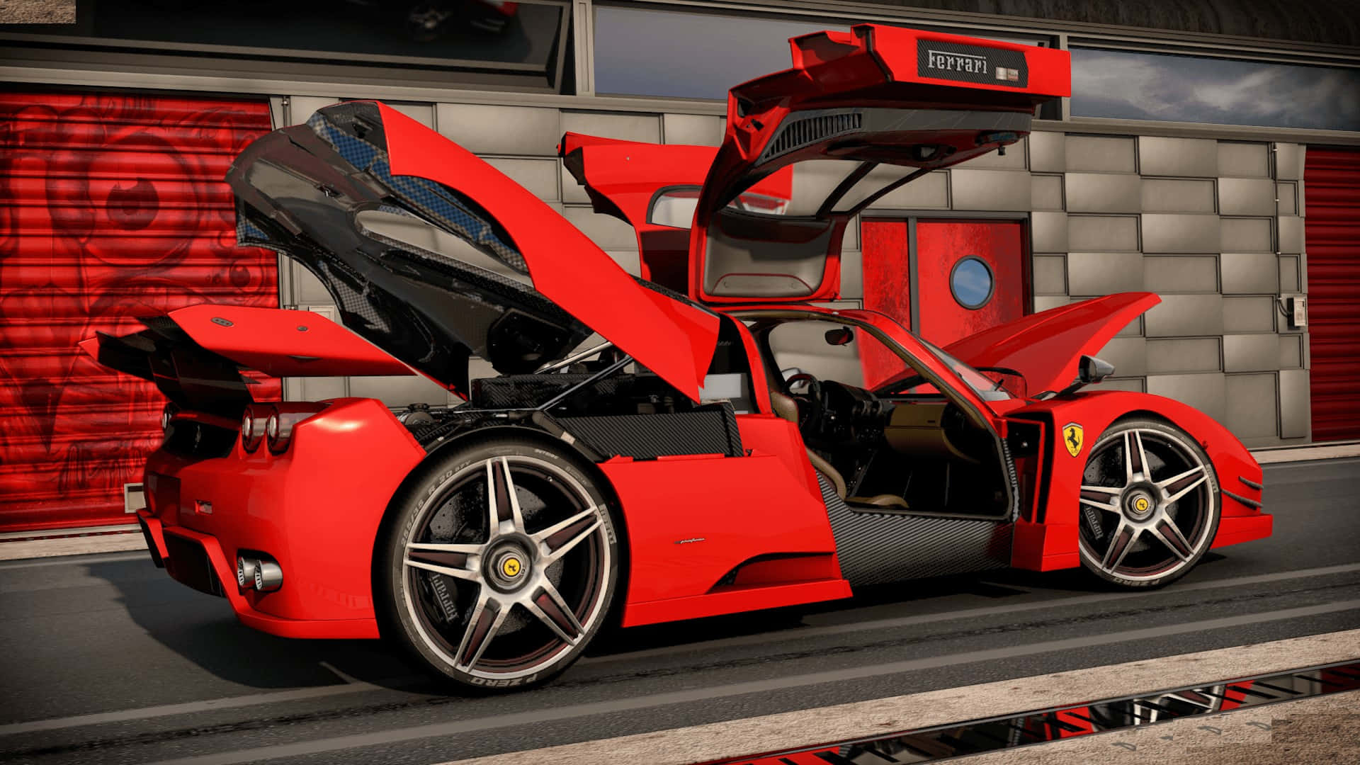 Ferrari Enzo 桌布 壁紙 — 一架搶眼的紅色法拉利跑車，車門向上打開，停在帶有紅色點綴的現代車庫前。