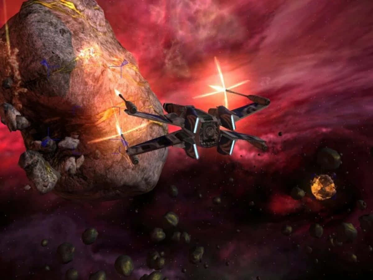 Space Mining 桌布 壁紙 — 一架星際戰機在旋轉的紅色星雲和漂浮的太空岩石中向一顆巨大的小行星發射激光。