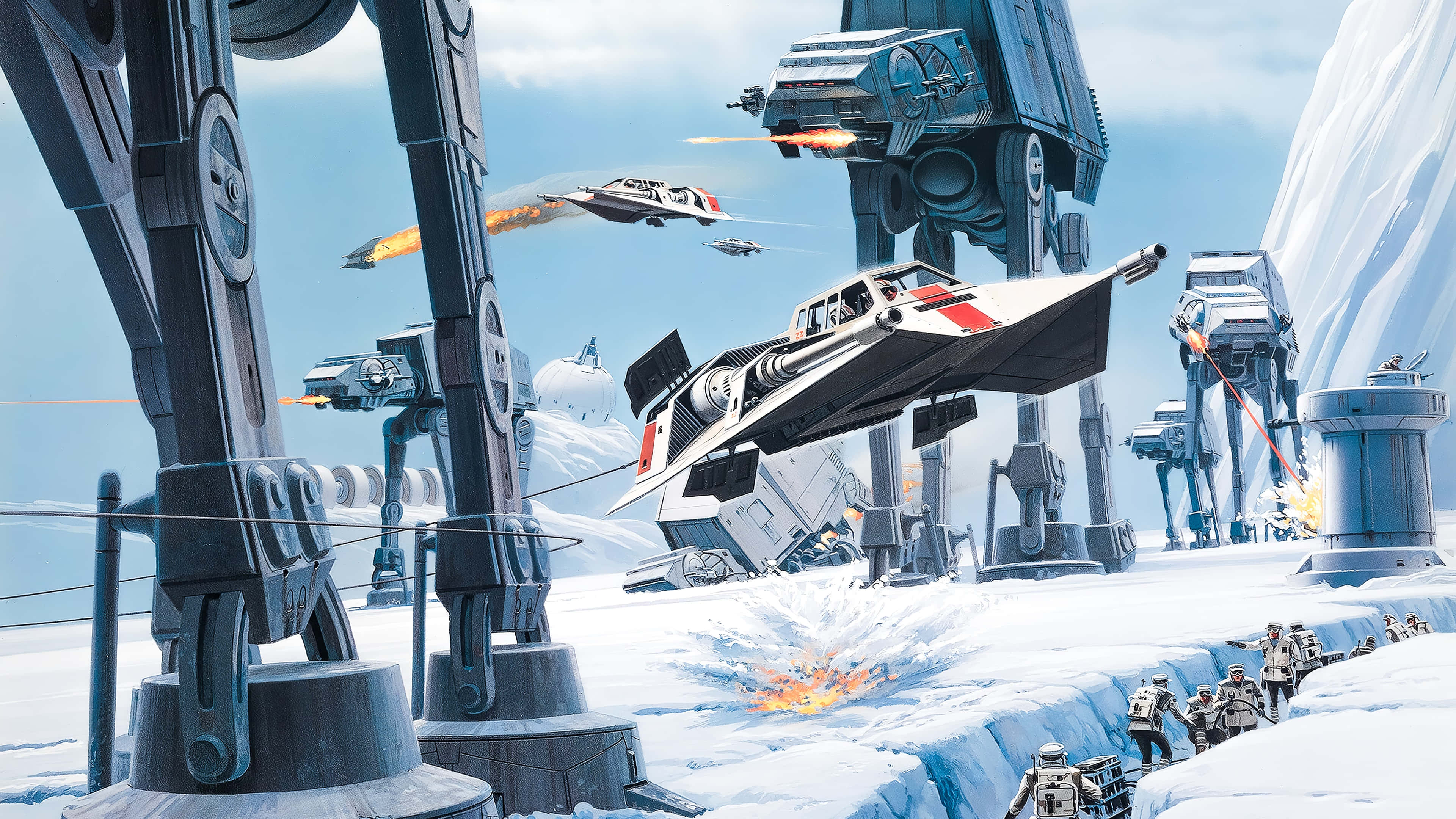 Battle Of Hoth 桌布 壁紙 — 一架星際戰機在白雪覆蓋的戰場上俯衝，在明亮的藍天下向高聳的AT-AT步行機開火。