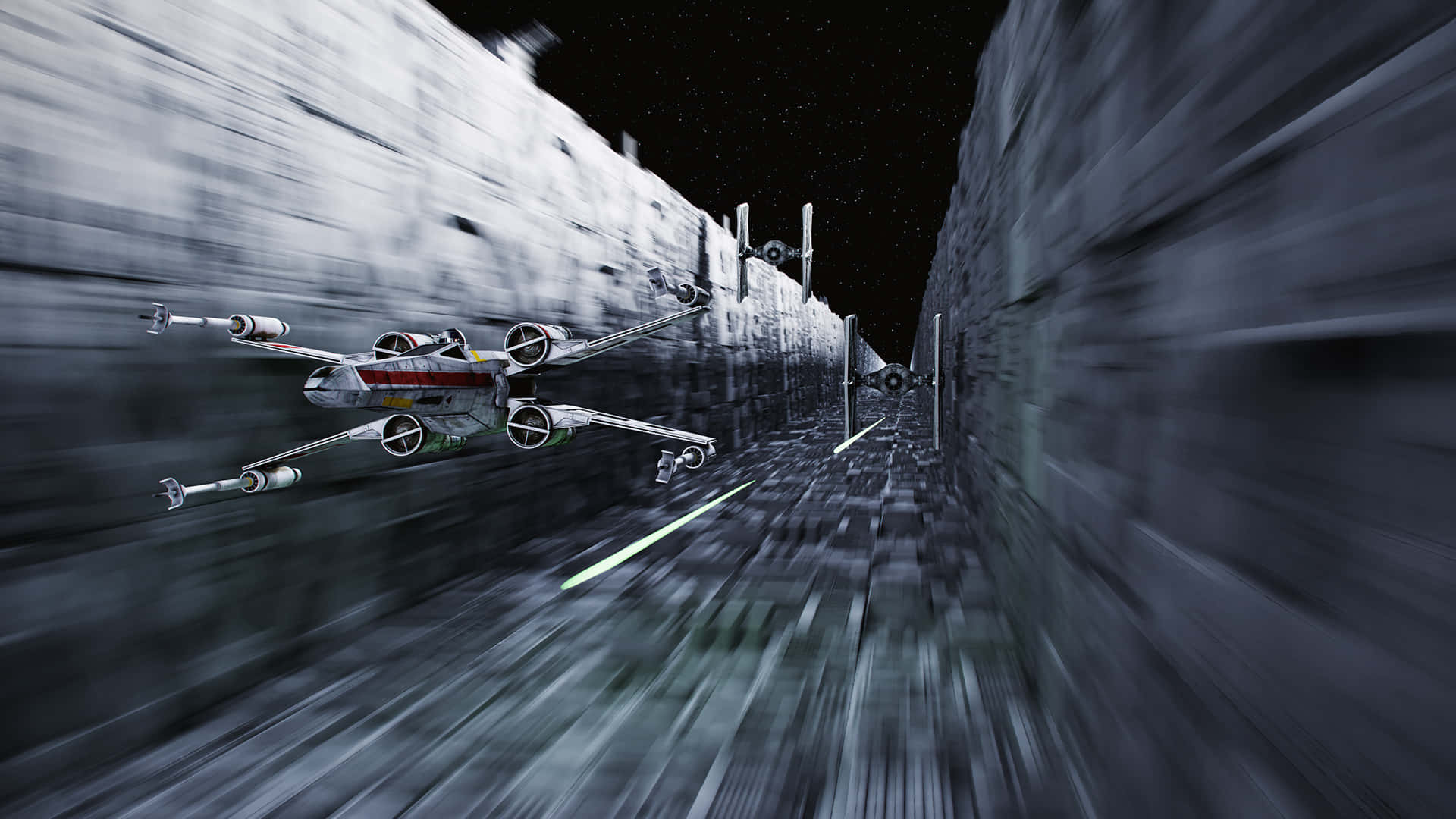 The Battle Of Yavin 桌布 壁紙 — 一架星際戰機穿過狹窄的小行星帶，帶有動態模糊和雷射光束掠過。