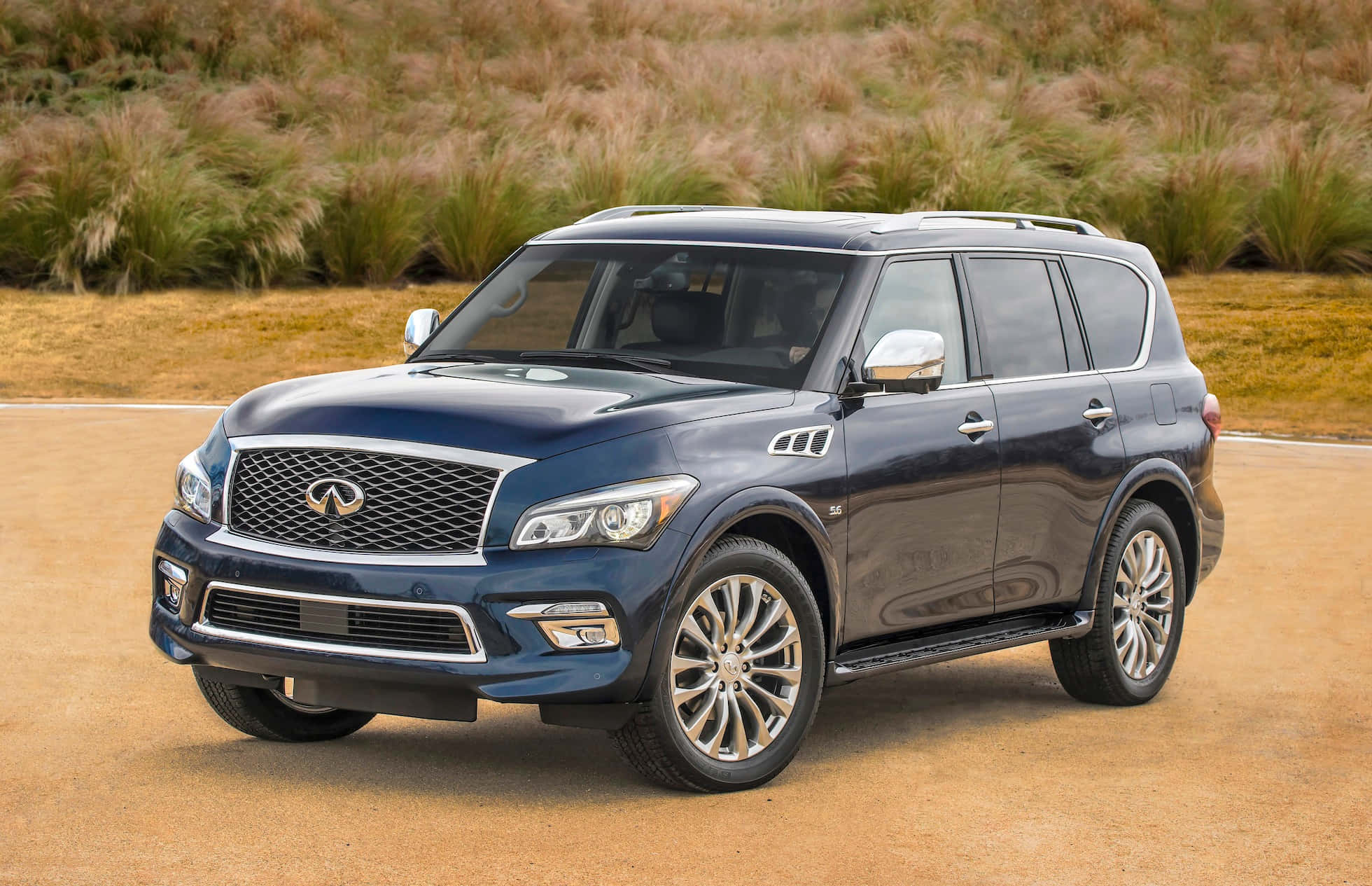Infiniti Qx80 桌布 壁紙 — 一架時尚深藍色 Infiniti QX80 SUV 停泊在泥路上，背景是乾燥的草坡。