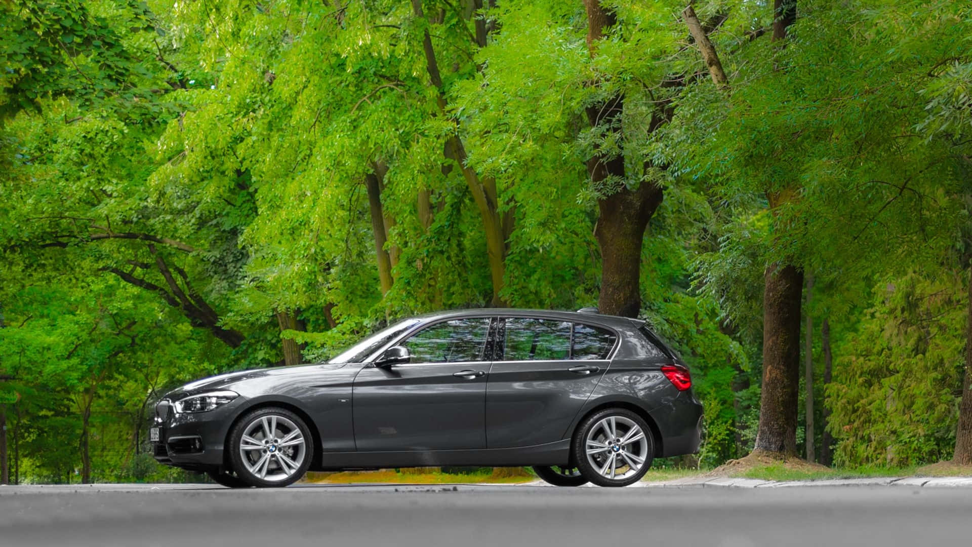Bmw 1 Series 桌布 壁紙 — 一架時尚灰色BMW掀背車停泊在陽光普照、綠樹成蔭的道路上。