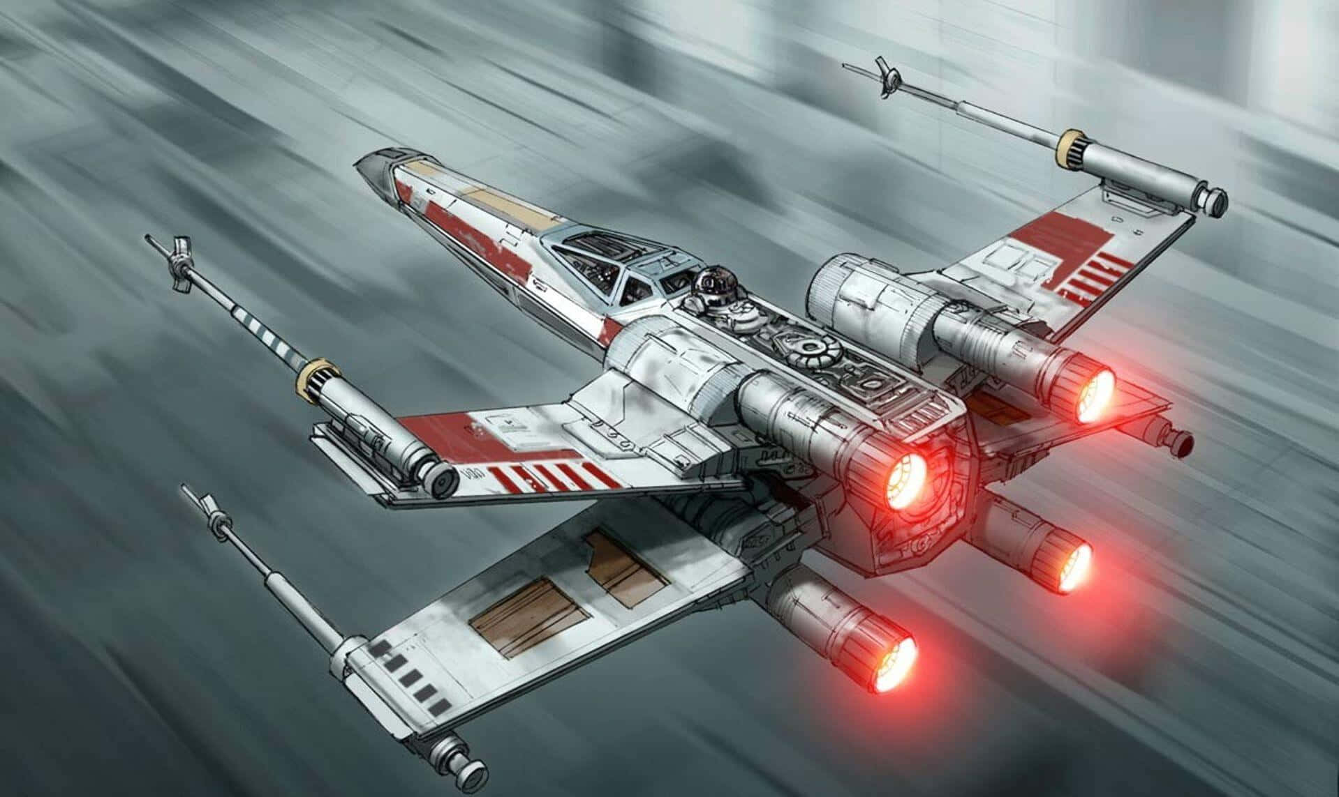 X-wing Fighter 桌布 壁紙 — 一架時尚的X翼星際戰鬥機，配備發光的紅色引擎，在模糊的灰色天空中疾馳。