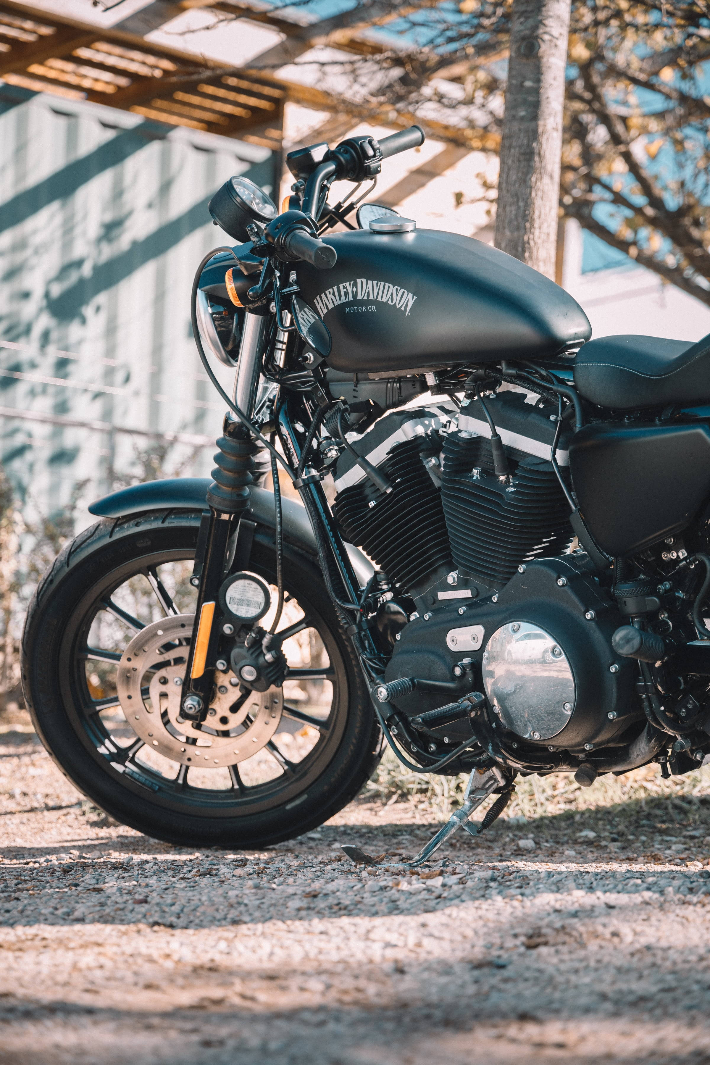 哈雷戴維森 桌布 壁紙 — 一架時尚的啞光黑色Harley-Davidson電單車停在木製涼棚下的碎石地上，陽光斑駁。