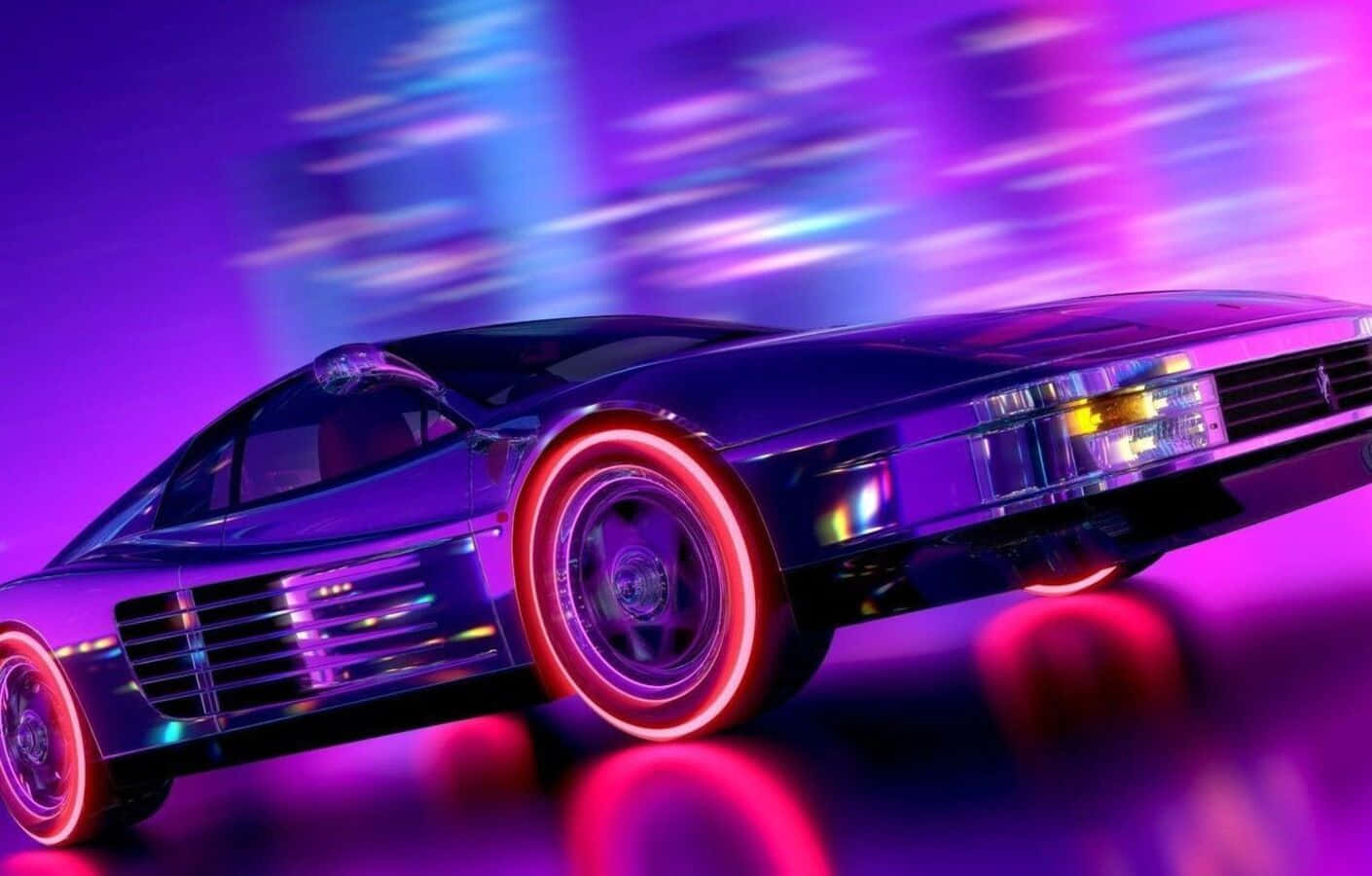 Ferrari Testarossa 桌布 壁紙 — 一架時尚的未來主義跑車在霓虹燈浸染的賽博龐克城市景觀中滑行，紫色和粉紅色的發光燈光呼嘯而過。