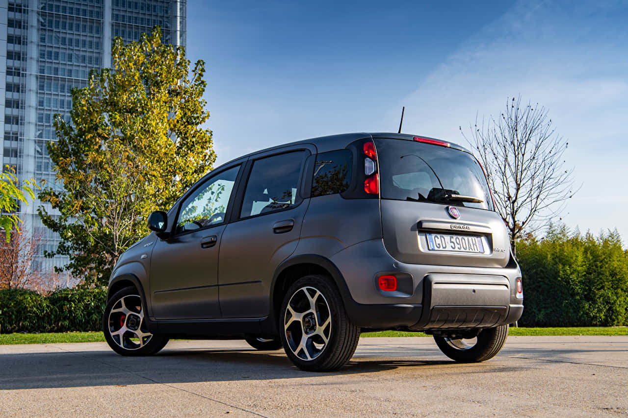 Fiat Panda 桌布 壁紙 — 一架時尚的灰色 Fiat Panda 停泊在人行道上，周圍有現代建築和綠樹，天空清澈湛藍。