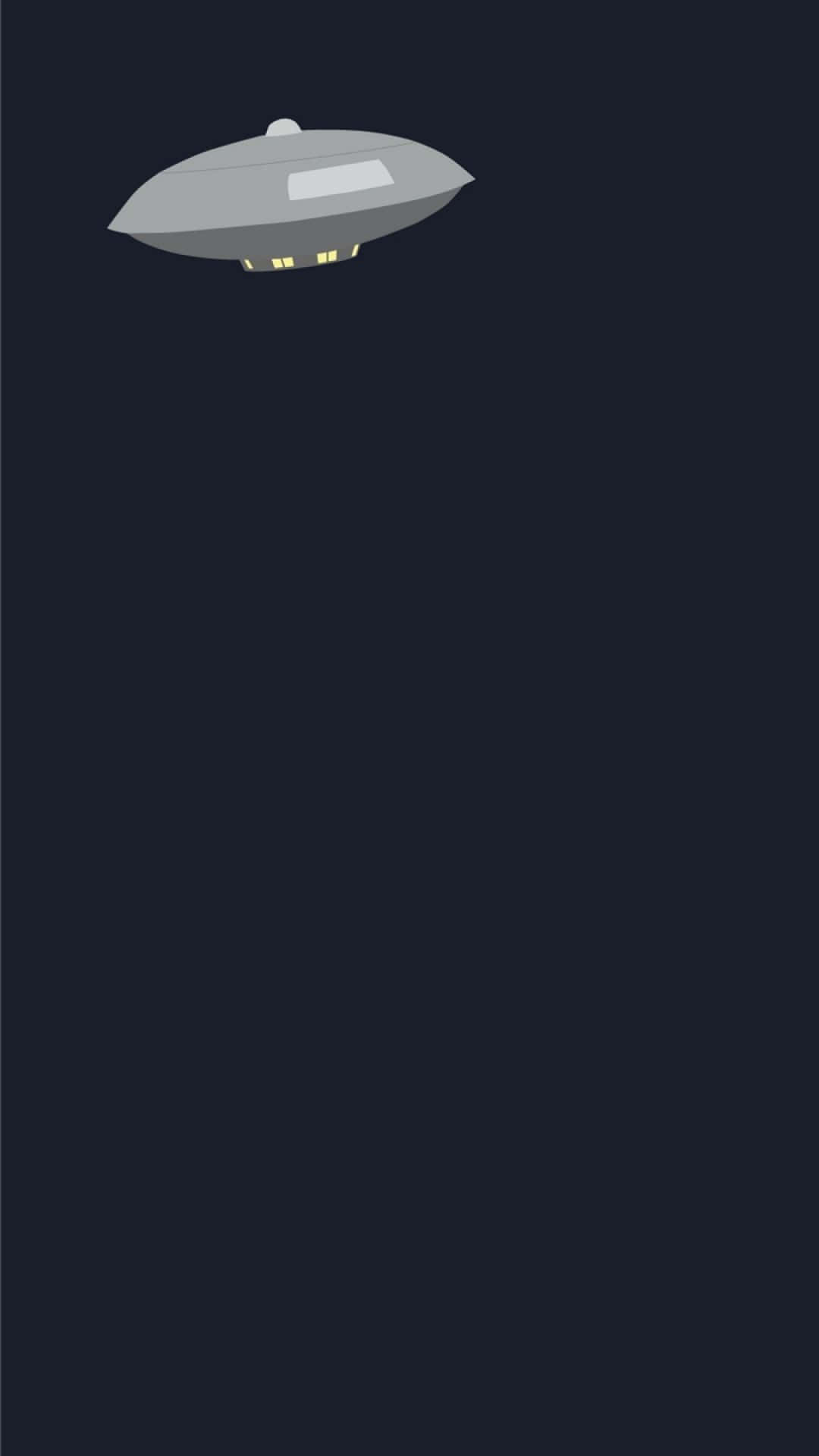 簡約風格 桌布 壁紙 — 一架時尚的灰色UFO帶有發光的黃色燈光，懸浮在深藍色夜空前。