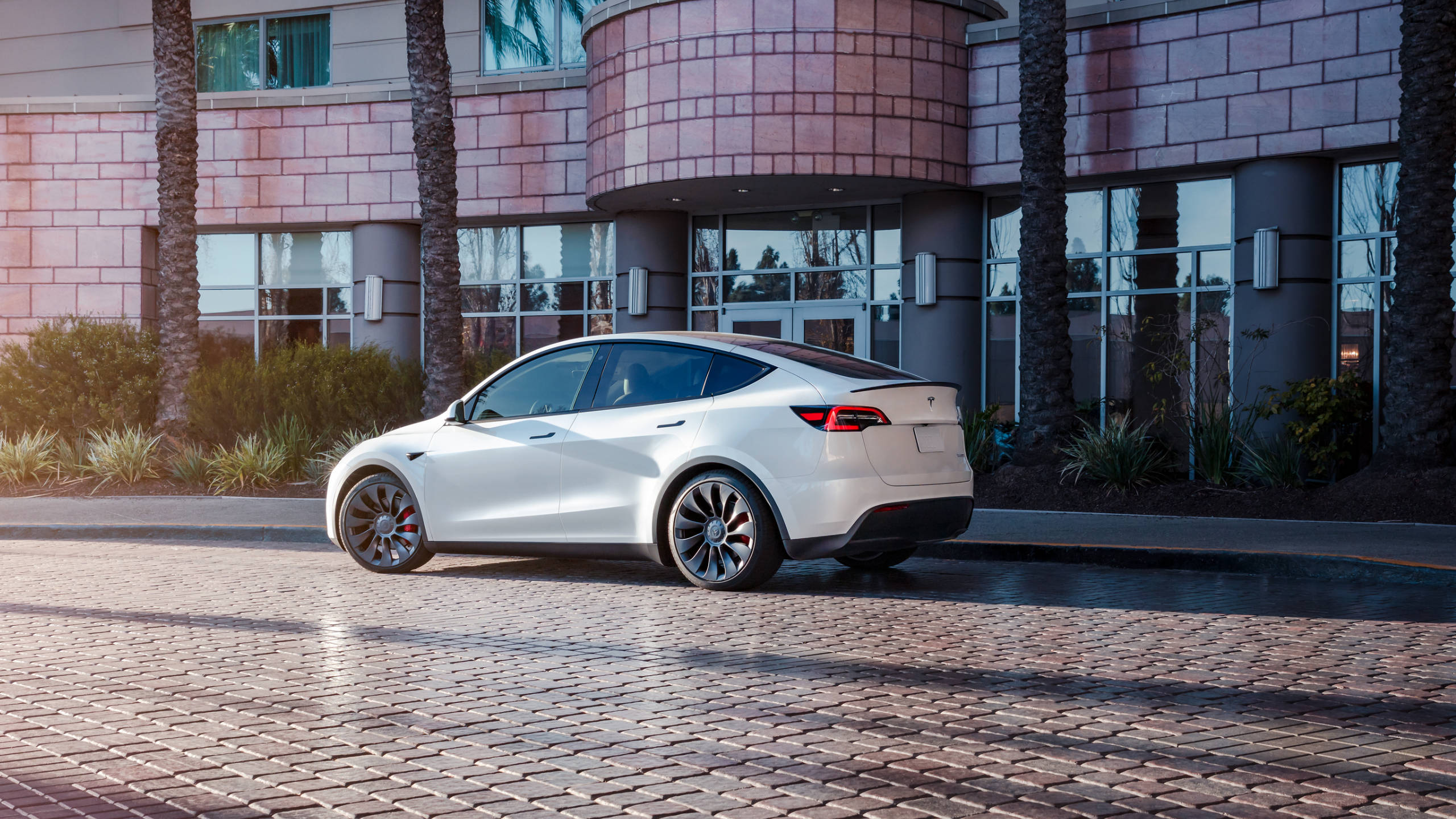 tesla 桌布 壁紙 — 一架時尚的白色 Tesla Model 3 停泊在陽光普照的鵝卵石車道上，前面是現代建築，種有棕櫚樹。