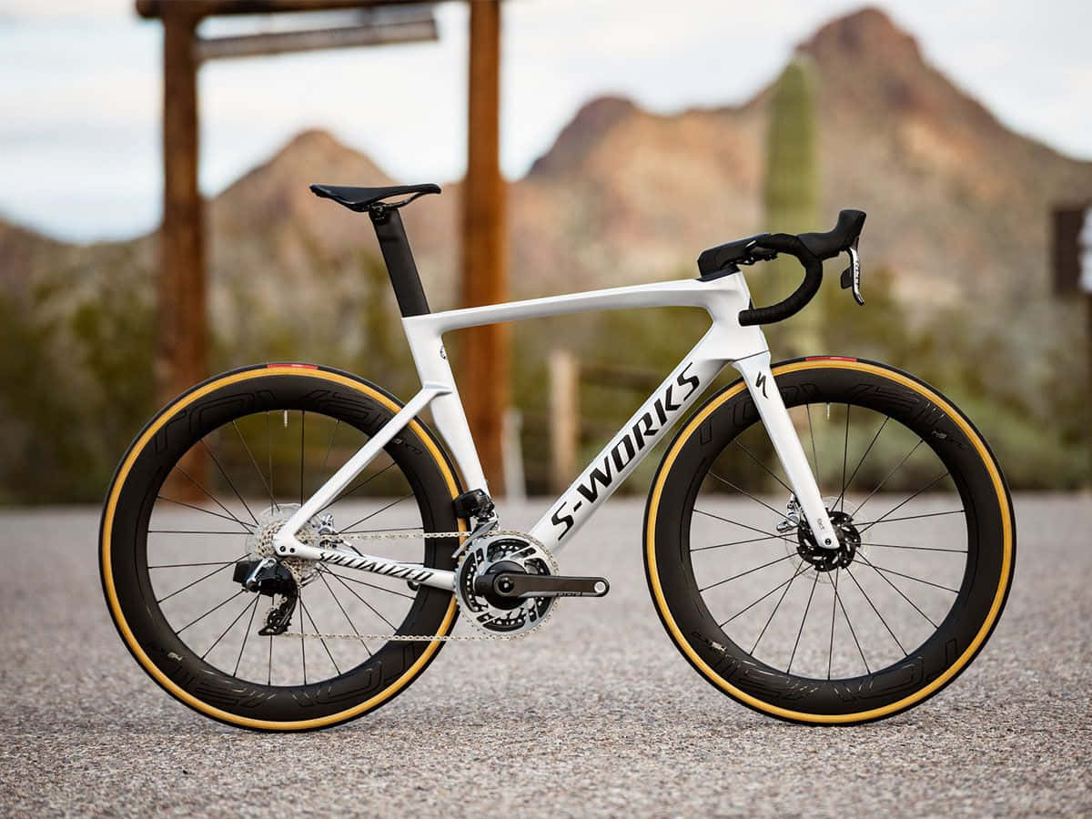 Bicycle 桌布 壁紙 — 一架時尚的白色Specialized S-Works公路單車配金色輪胎，在仙人掌和遠山的沙漠背景下屹立於碎石上。