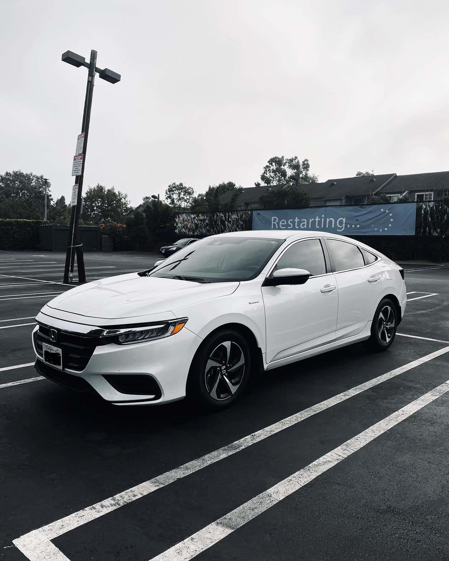 Honda Insight 桌布 壁紙 — 一架時尚的白色本田房車停泊在空蕩蕩的瀝青地上，背景有樹木和建築物，天空多雲。