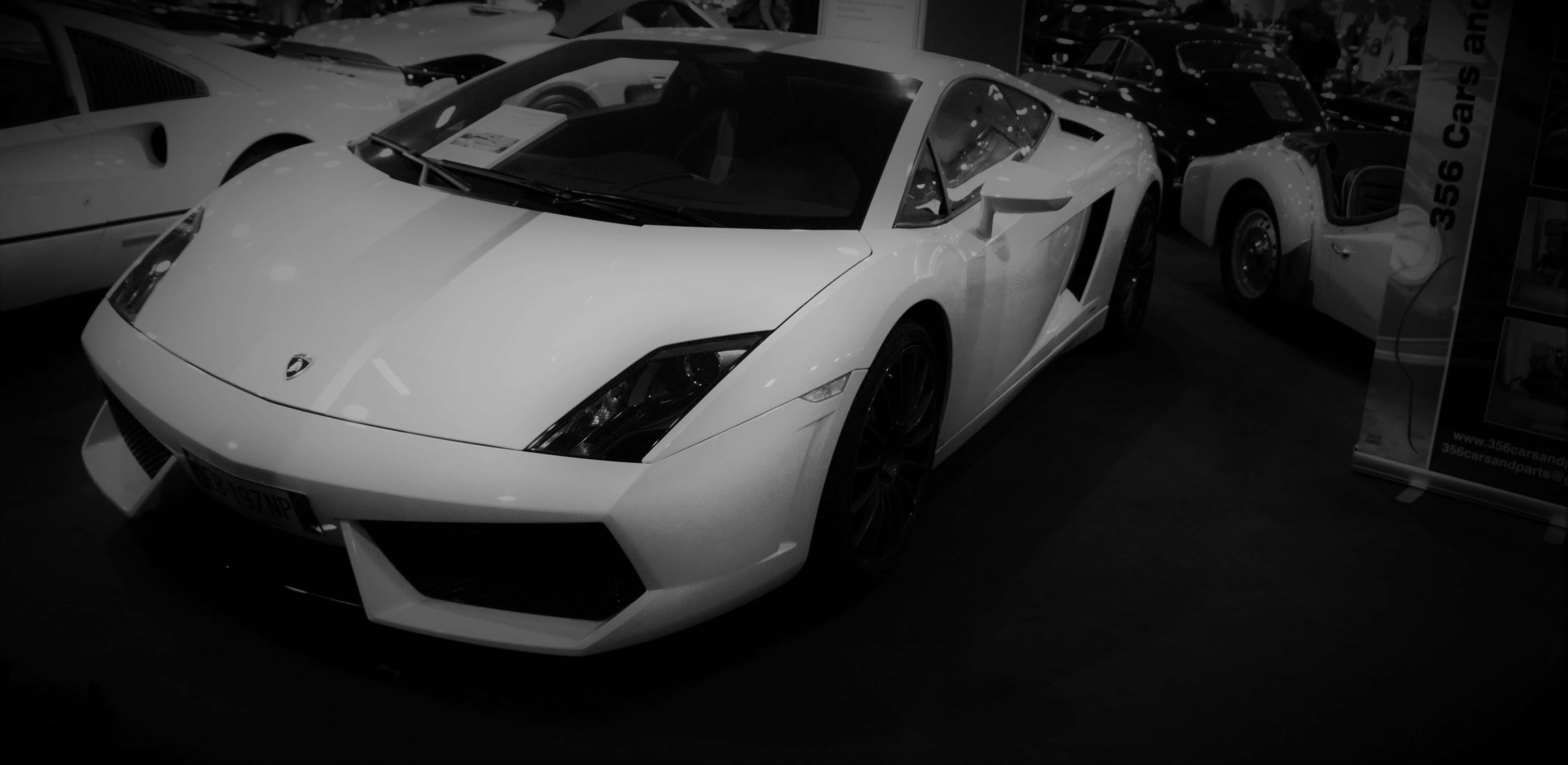 Black And White Car 桌布 壁紙 — 一架時尚的白色林寶堅尼Gallardo跑車在豪華車展廳中，在戲劇性的黑白燈光下閃閃發光。
