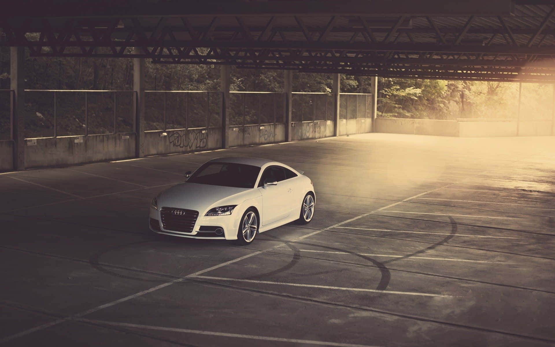 Audi Tt 桌布 壁紙 — 一架時尚的白色跑車停放在空曠、陽光明媚的停車場，混凝土地板上有可見的輪胎痕跡。
