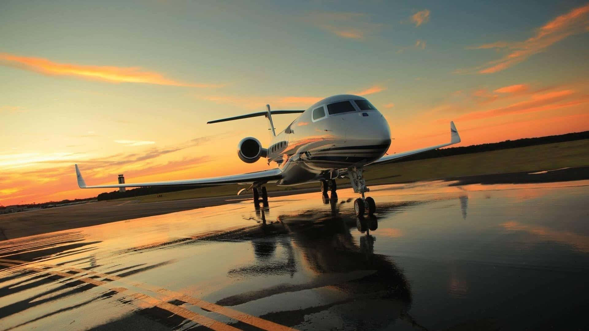 Aviation 桌布 壁紙 — 一架時尚的私人飛機停在潮濕的跑道上，反射出充滿活力的橙色和粉紅色日落天空。