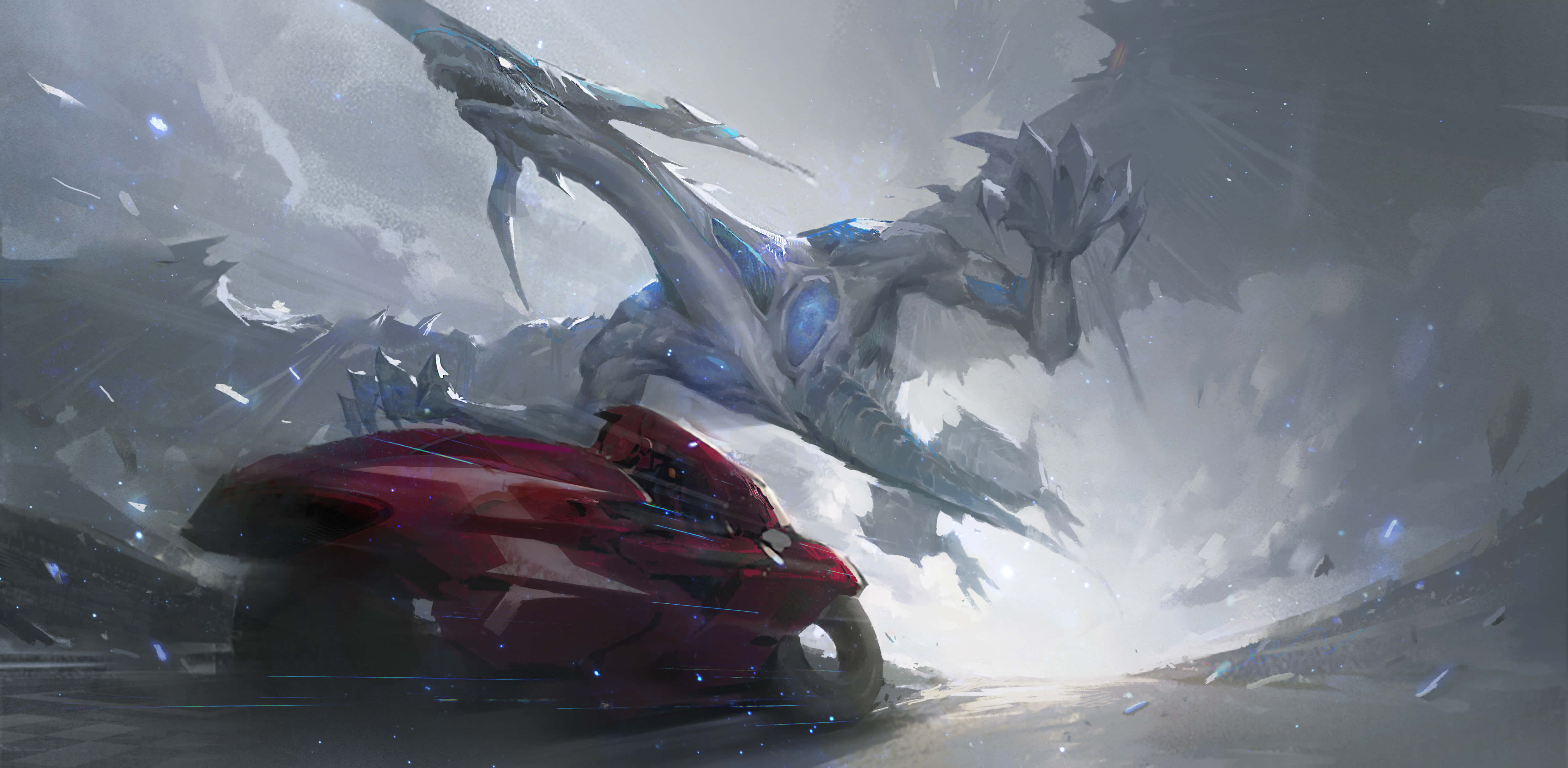 Yugioh Dragons 桌布 壁紙 — 一架時尚的紅色電單車在暴風雨中疾馳，而一隻巨大的冰龍在戲劇性的奇幻場景中盤旋在上空。
