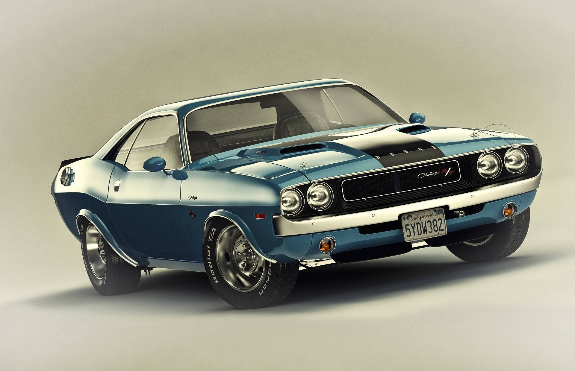 cars 桌布 壁紙 — 一架時尚的藍白色1970年道奇挑戰者R/T肌肉車，帶有黑色引擎蓋條紋和鍍鉻裝飾，在中性工作室背景前擺拍。