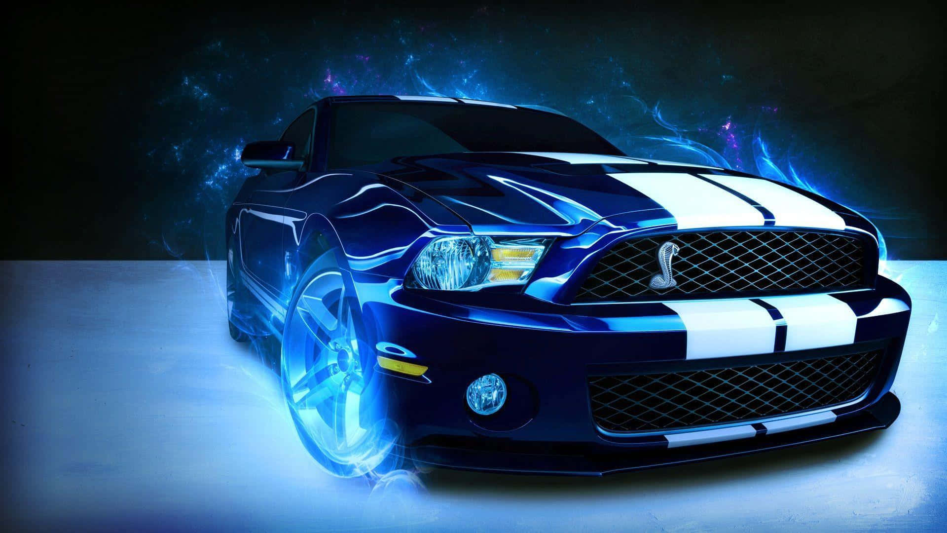 藍色Shelby Mustang帶有白色條紋，被電光藍色能量效果包圍。 — 野馬 GIF 壁紙