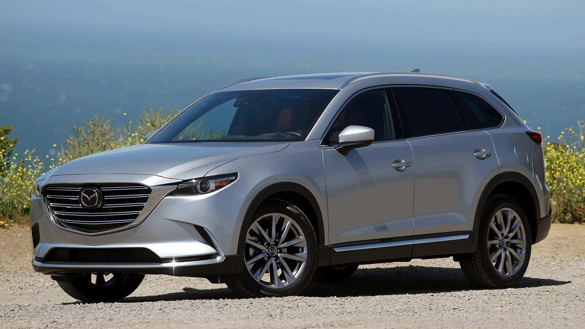 Mazda Cx-9 桌布 壁紙 — 一架時尚的銀色Mazda CX-9 SUV停泊在碎石路上，背景是朦朧的山脈和黃色野花。